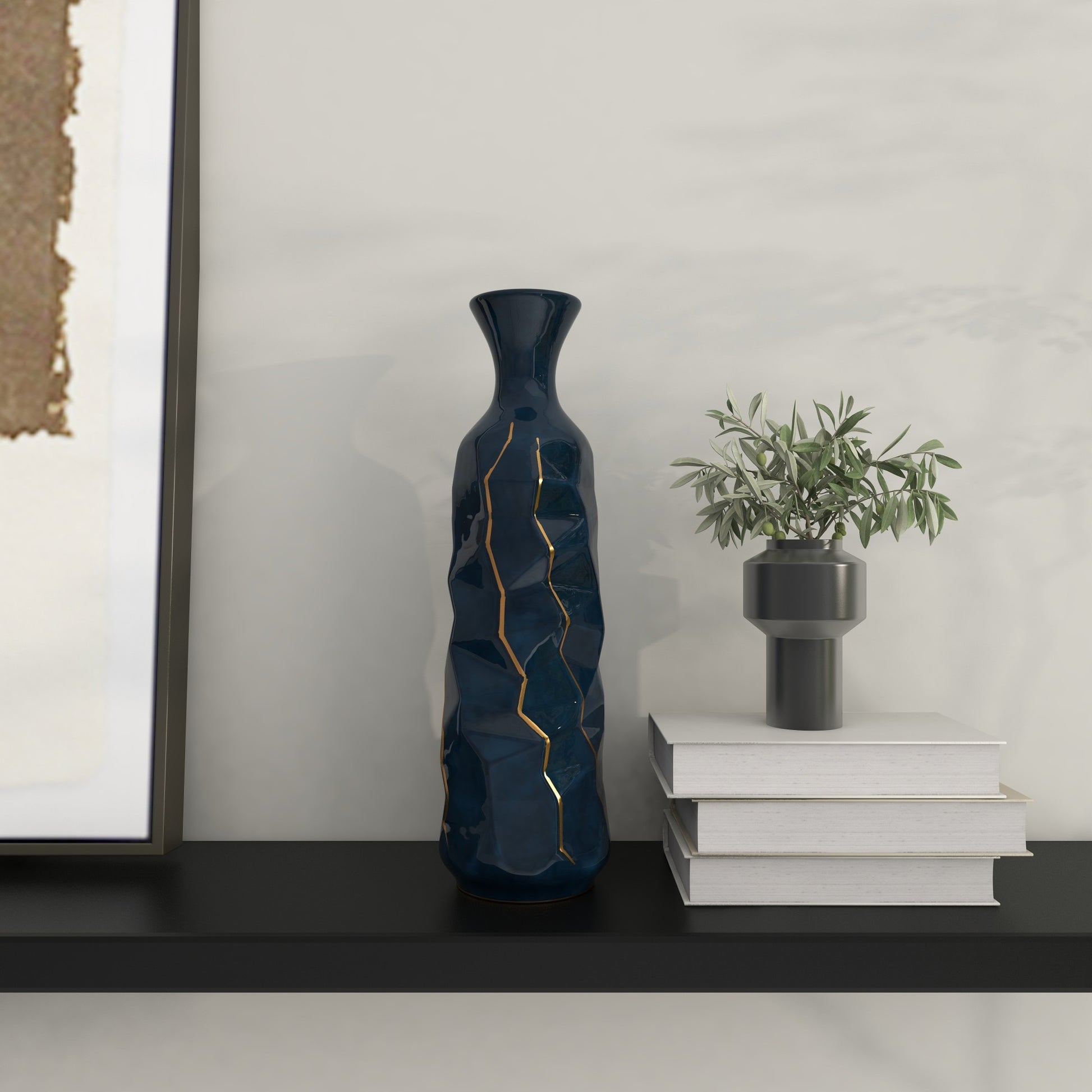 Teal Ceramic Geometric Floor Decorative Vase with Gold Accents