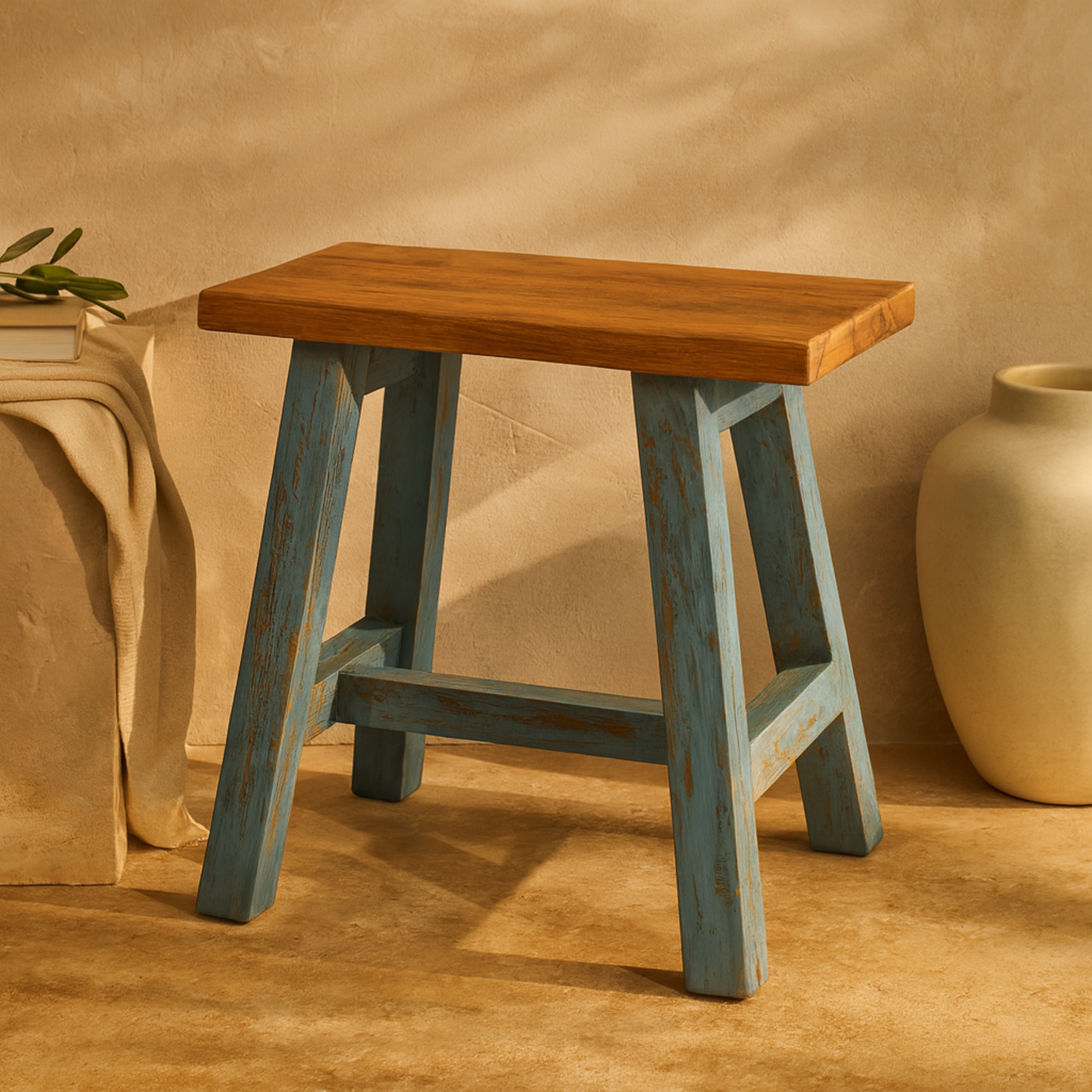 Wood Living Room Stool with Brown Wood Top 20" x 14" x 18"