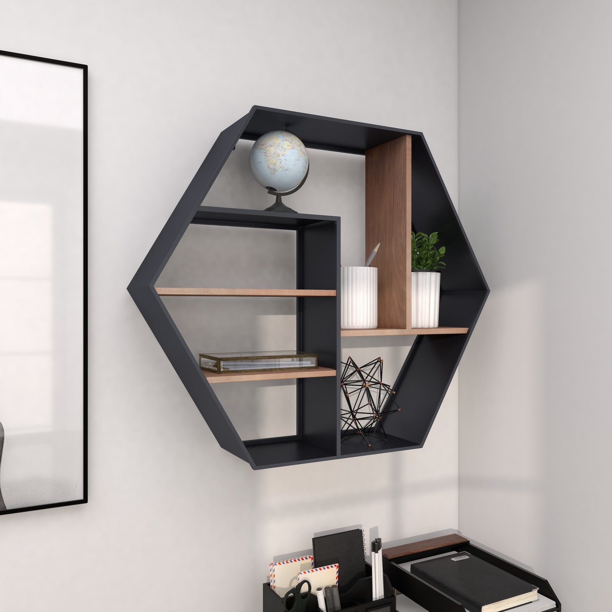 Geometric Black Metal Hexagon 5 Shelf Room Wall Shelf with Wooden Accents