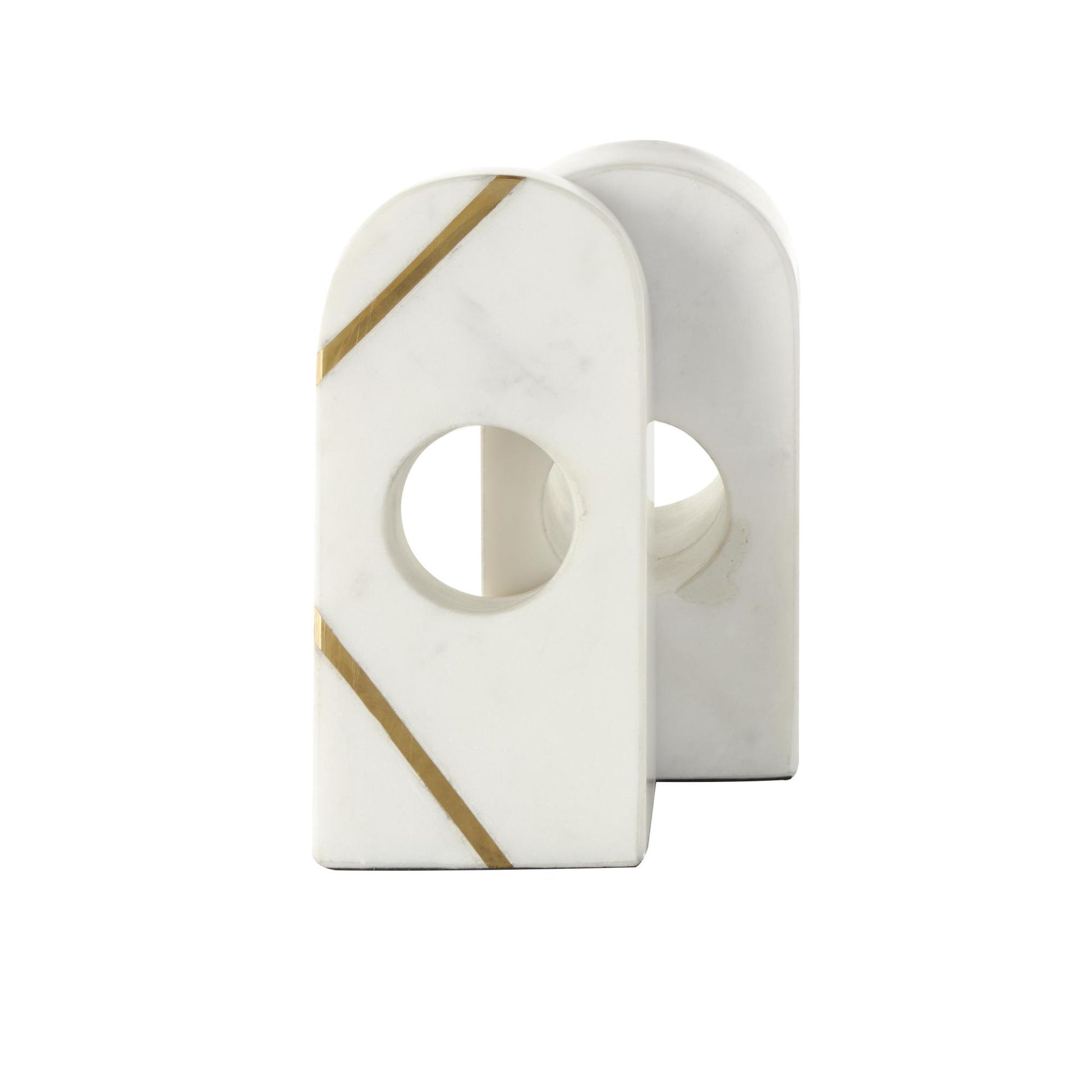 Set of 2 Geometric Marble Curved Pyramid Decorative Bookends with Diagonal Gold Stripes