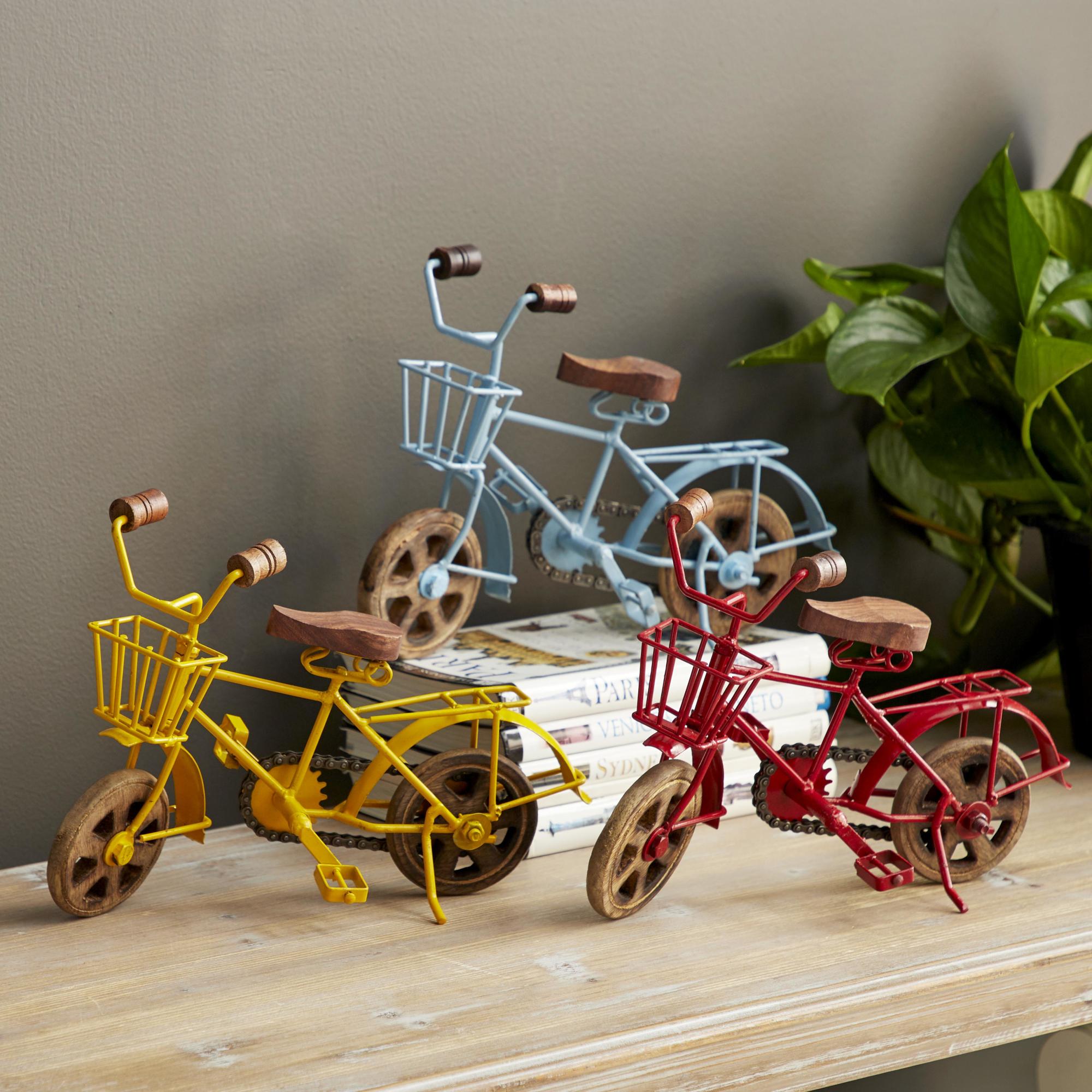 Set of 3 Bike Multi Colored Metal Decorative Sculpture with Wood Wheels