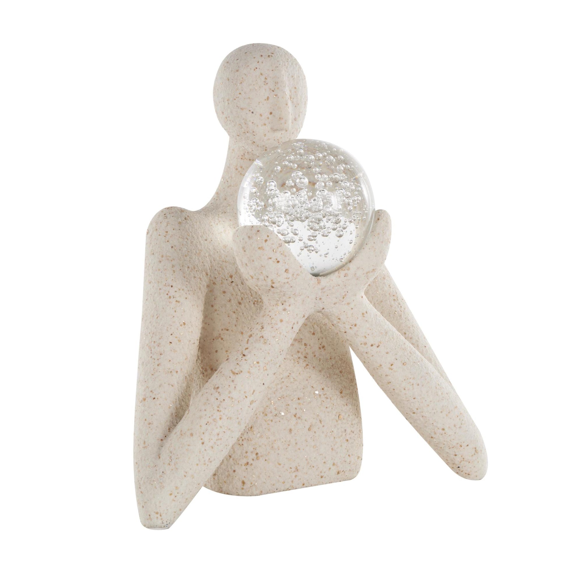 People Cream Polystone Abstract Textured Decorative Sculpture with Clear Glass Ball and Gold Speckles