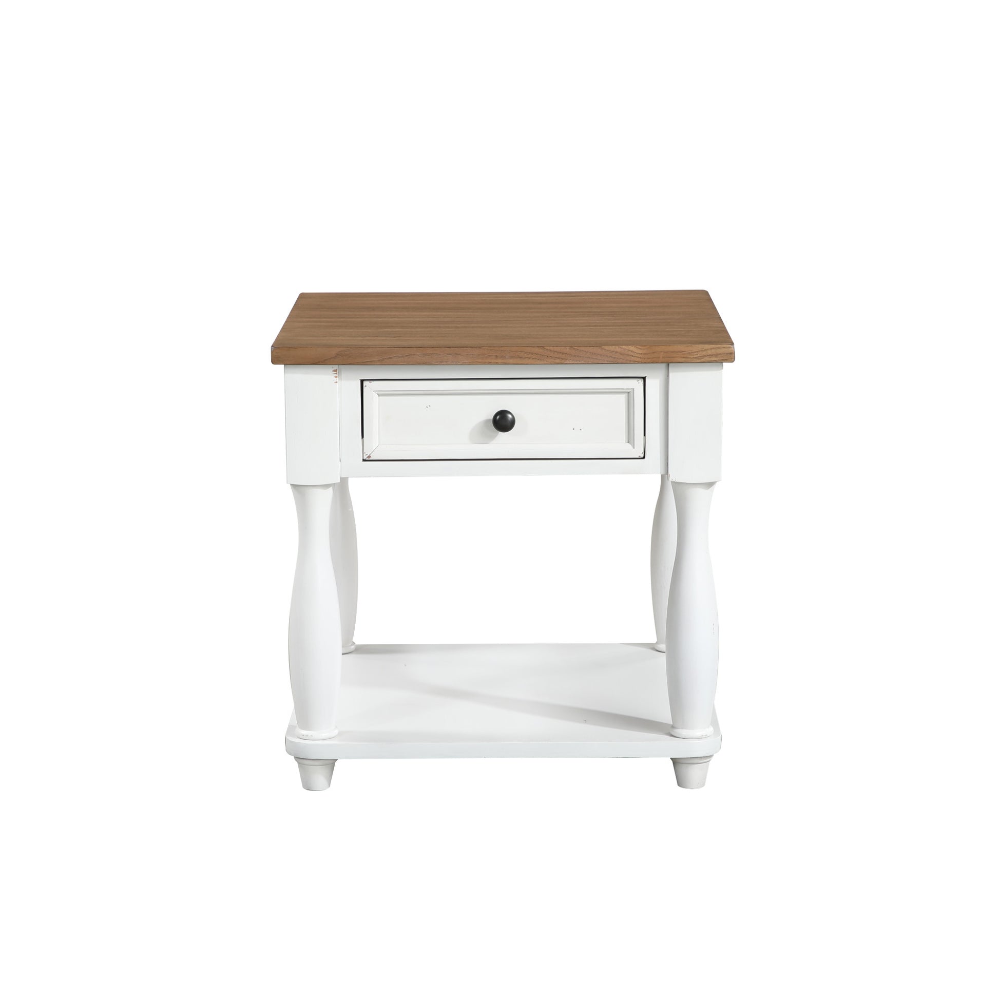 White Wood Square 1 Drawer Side End Accent Table with Brown Wood Tabletop and Turned Legs