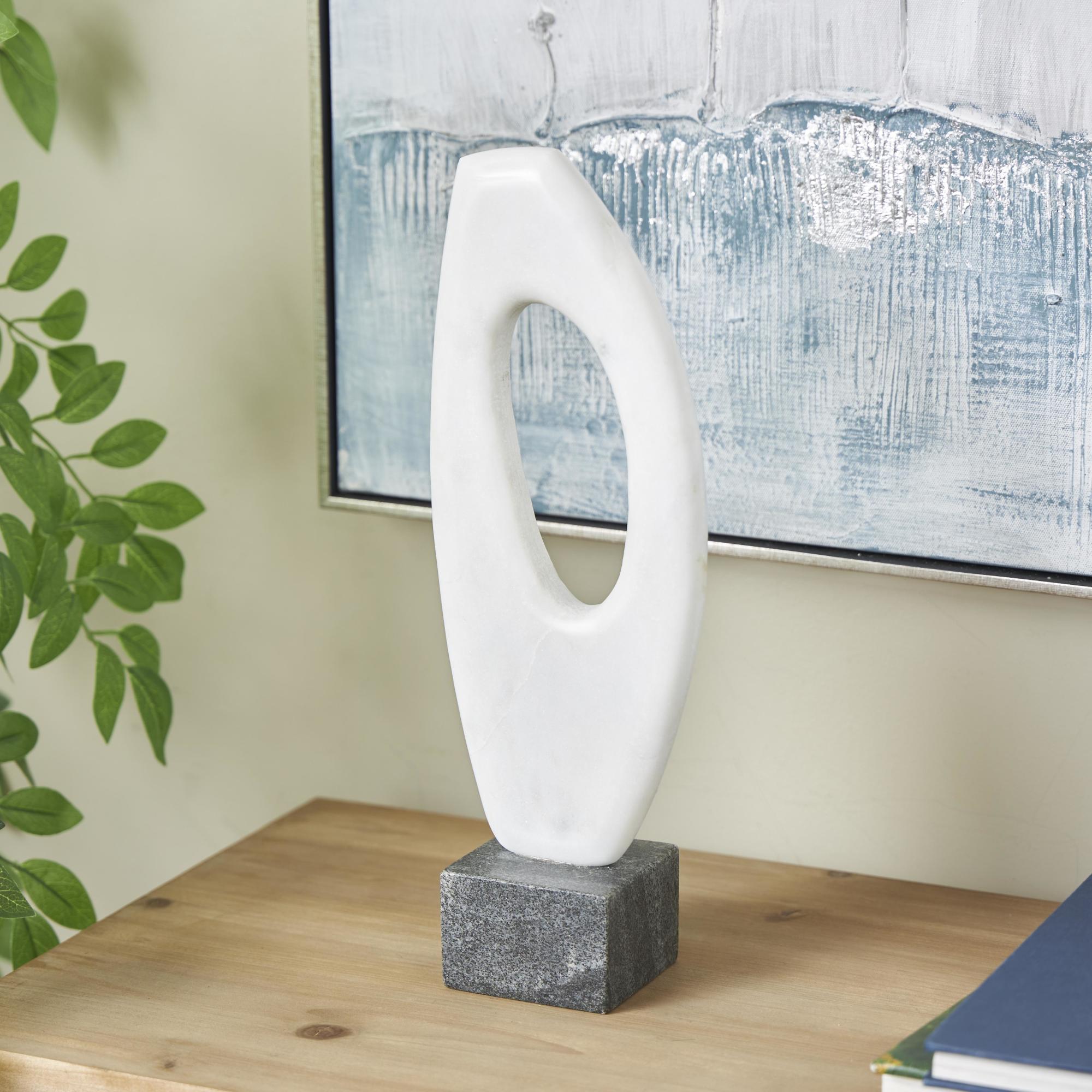 Abstract White Marble Angled Cutout Decorative Sculpture with Black Block Base