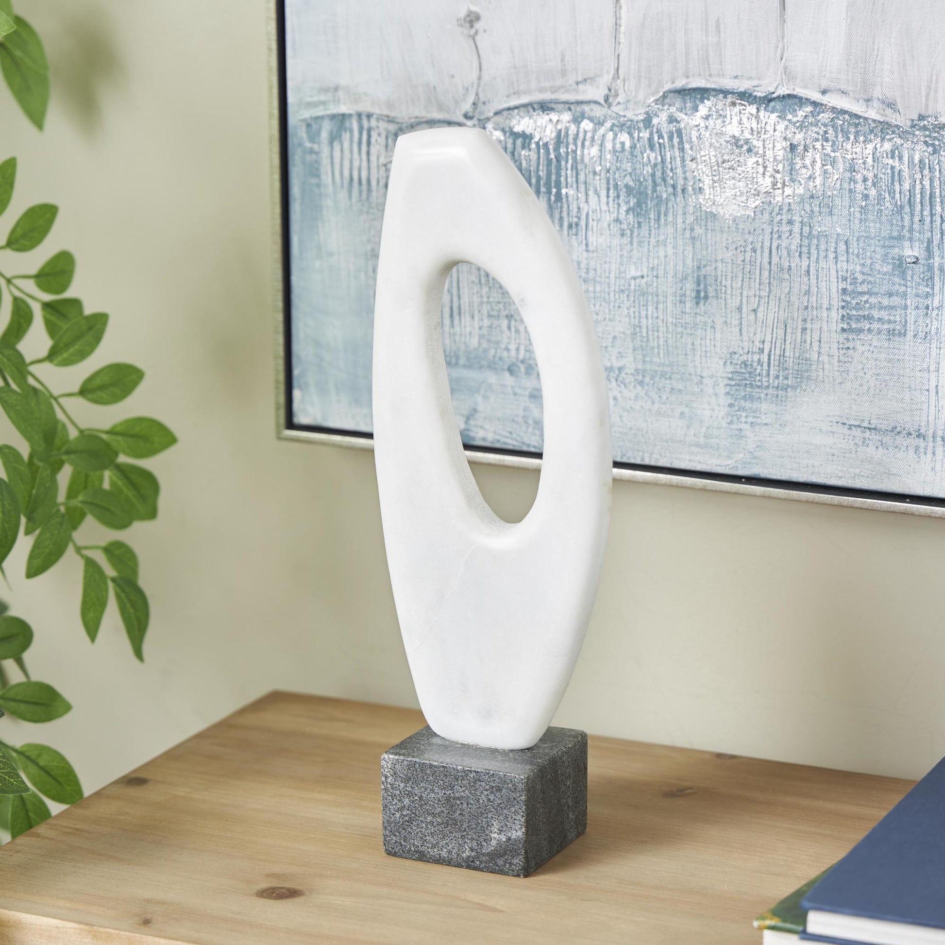 Abstract White Marble Angled Cutout Decorative Sculpture with Black Block Base