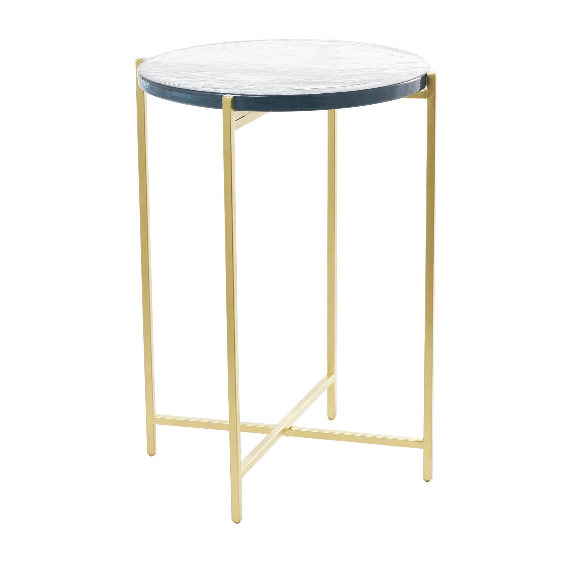 Metal X-Shaped Side End Accent Table with Textured Glass Tabletop