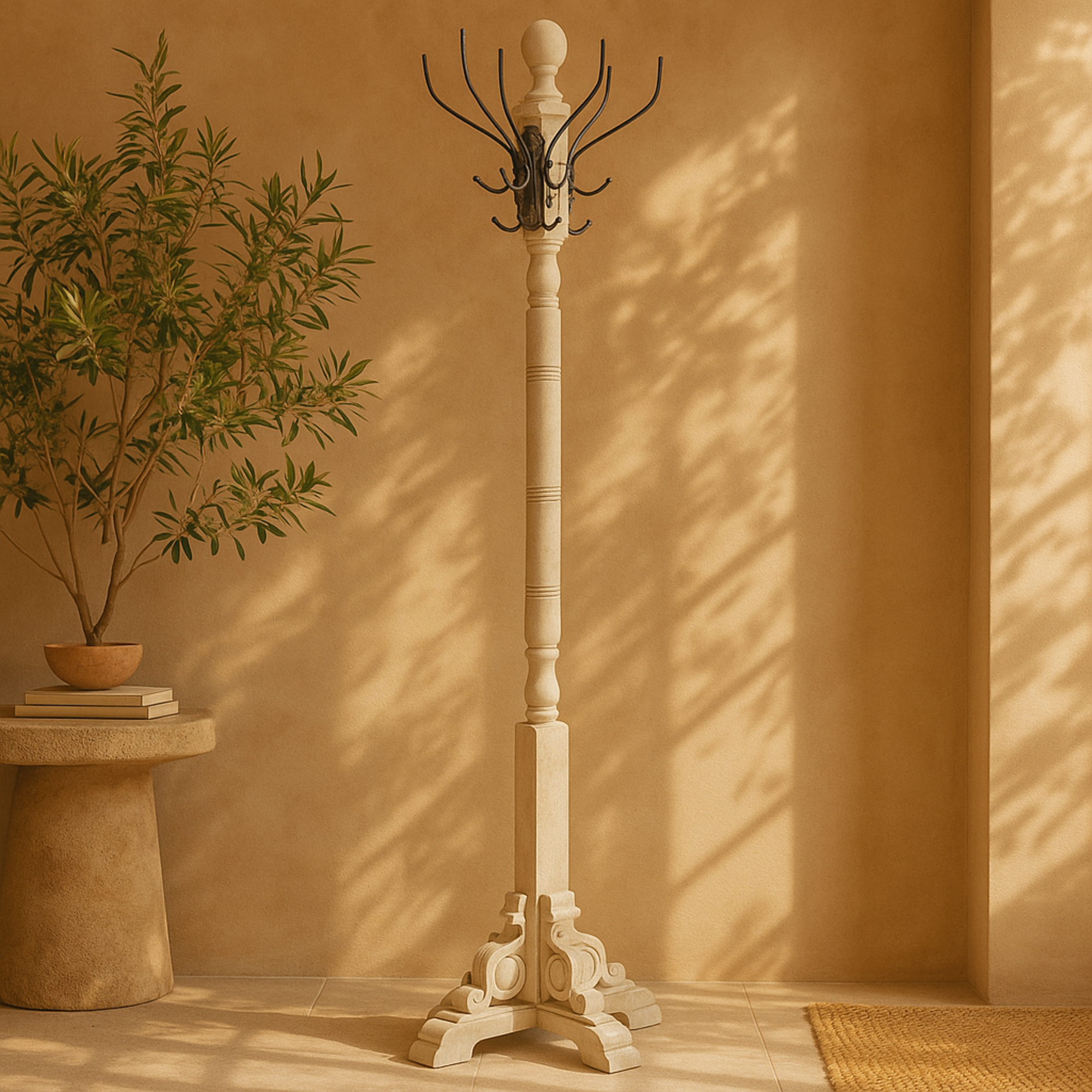 Scroll Gray Wood Vintage Style 12 Hook Freestanding Coat Rack with Black Metal Hooks