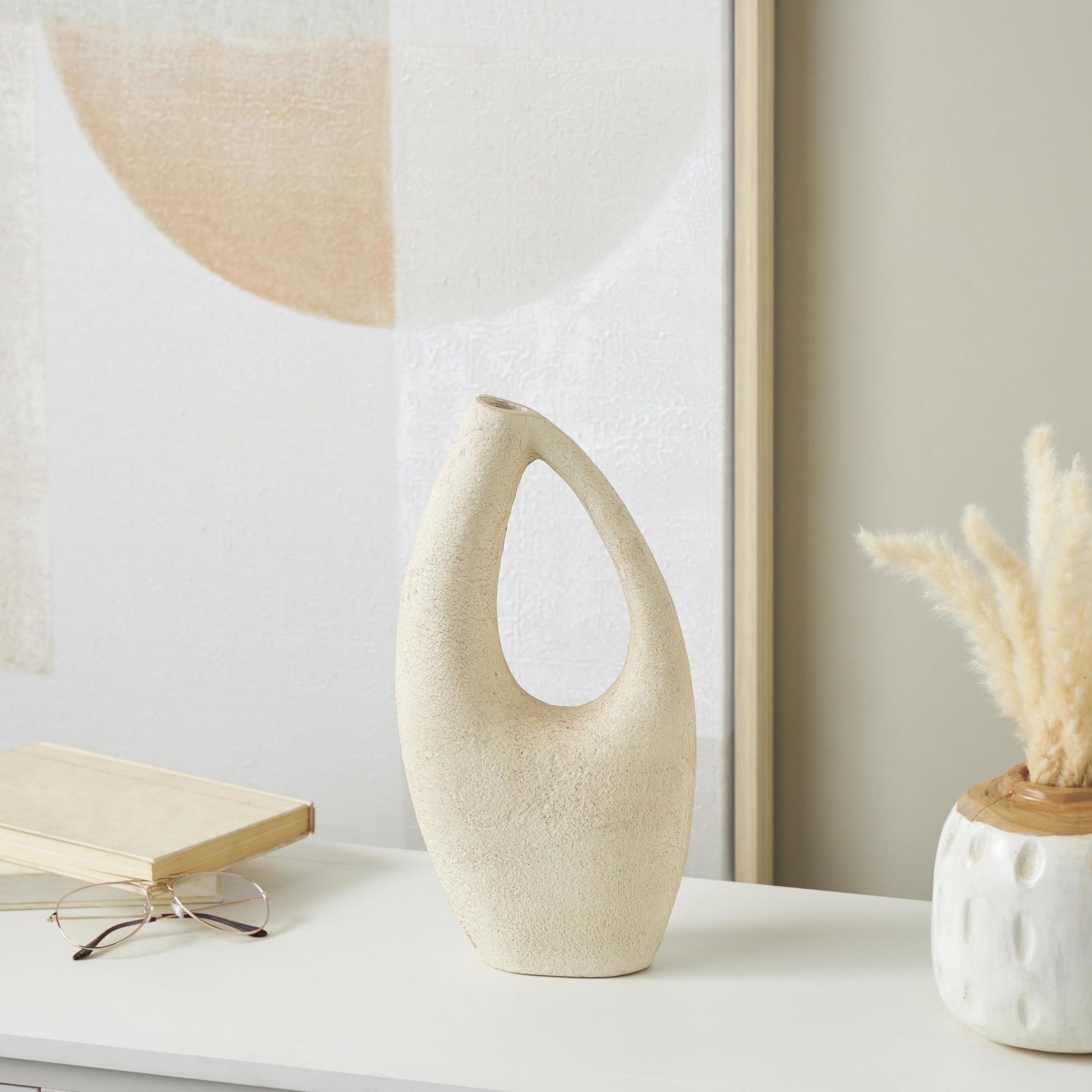 Abstract Cream Paper Mache Curved Cutout Decorative Vase with Brown Distressed Texturing