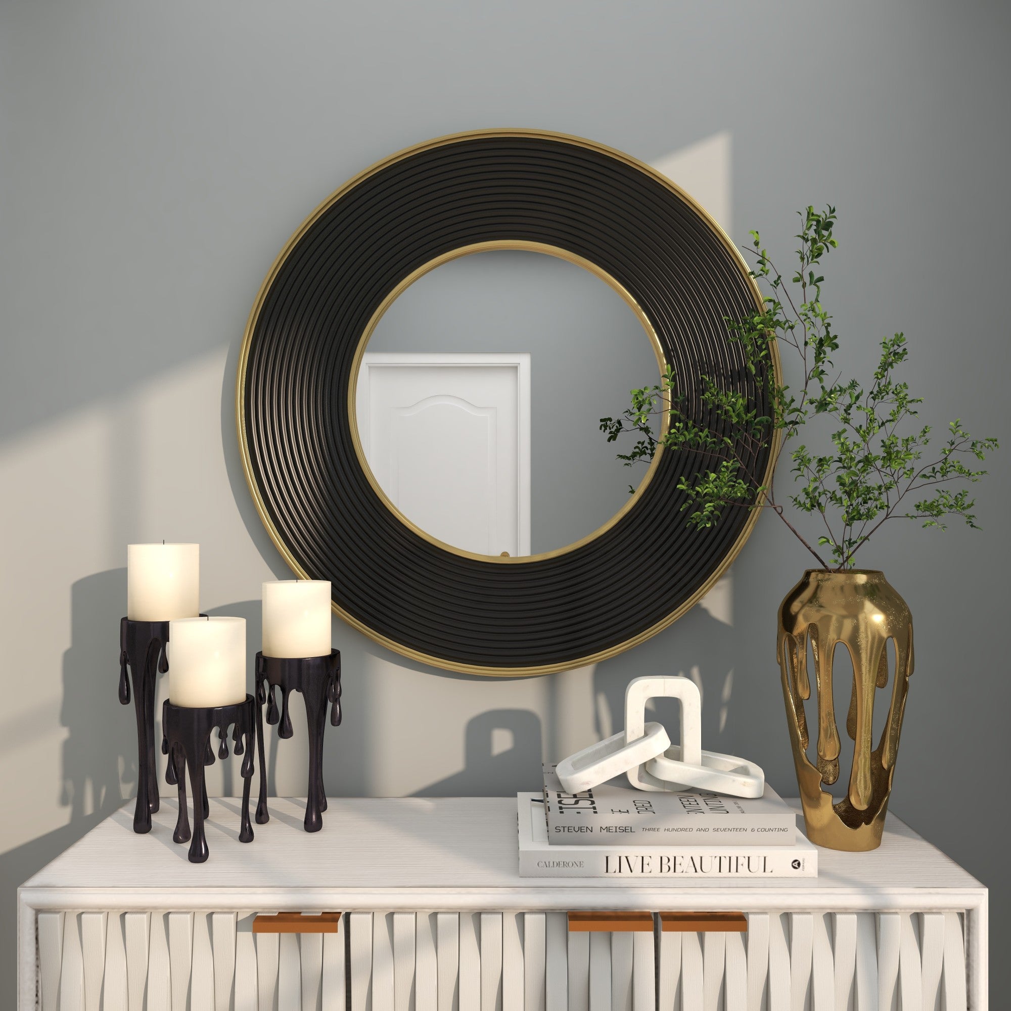 CosmoLiving by Cosmopolitan Black Metal Ribbed Room Wall Mirror with Gold Edges