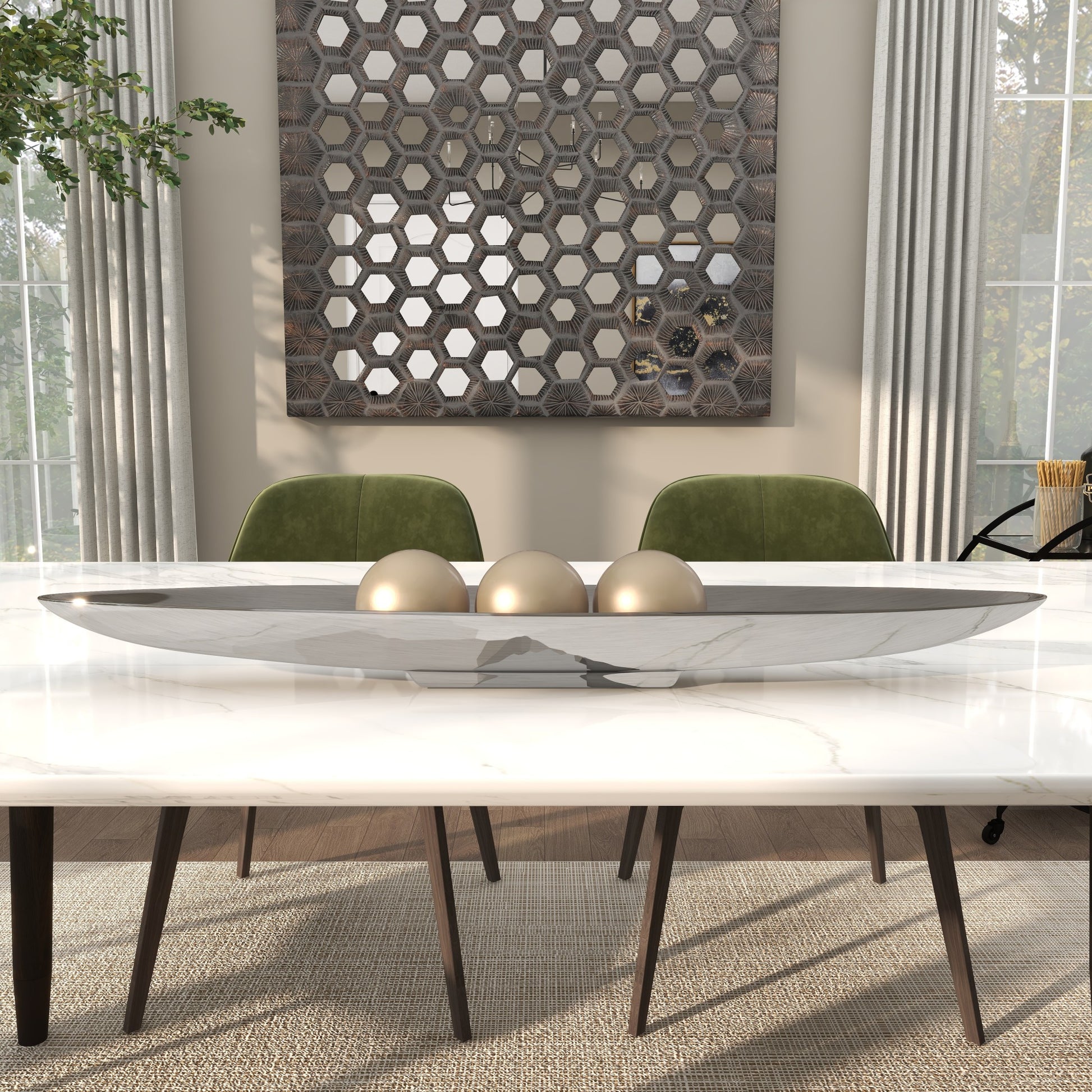 Boat Silver Aluminum Metal Sleek Living Room Decor Tray with Elevated Base