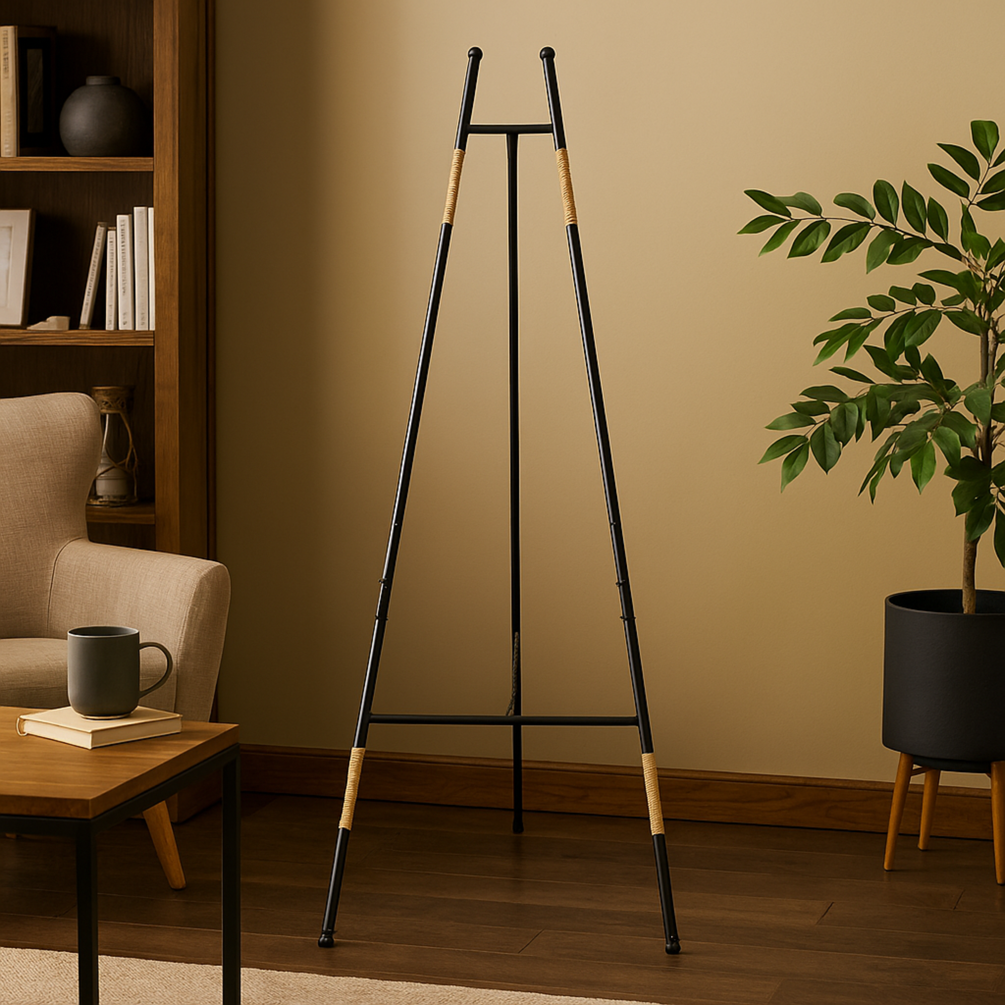 Black Metal Slim Foldable Floor 2 Tier Display Easel with Wrapped Rattan Accents