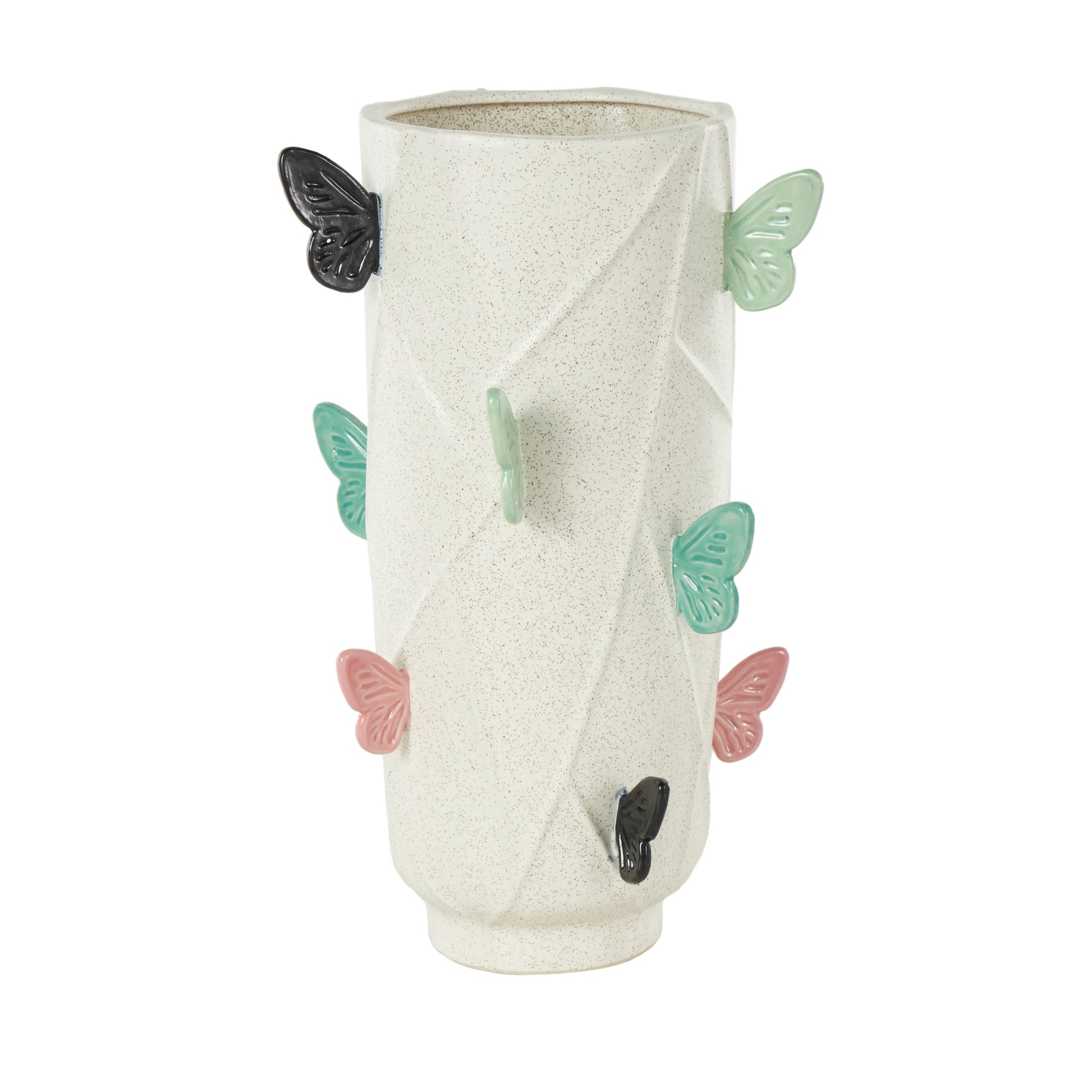 Butterfly White Ceramic Wide Decorative Vase with Multicolor Accents