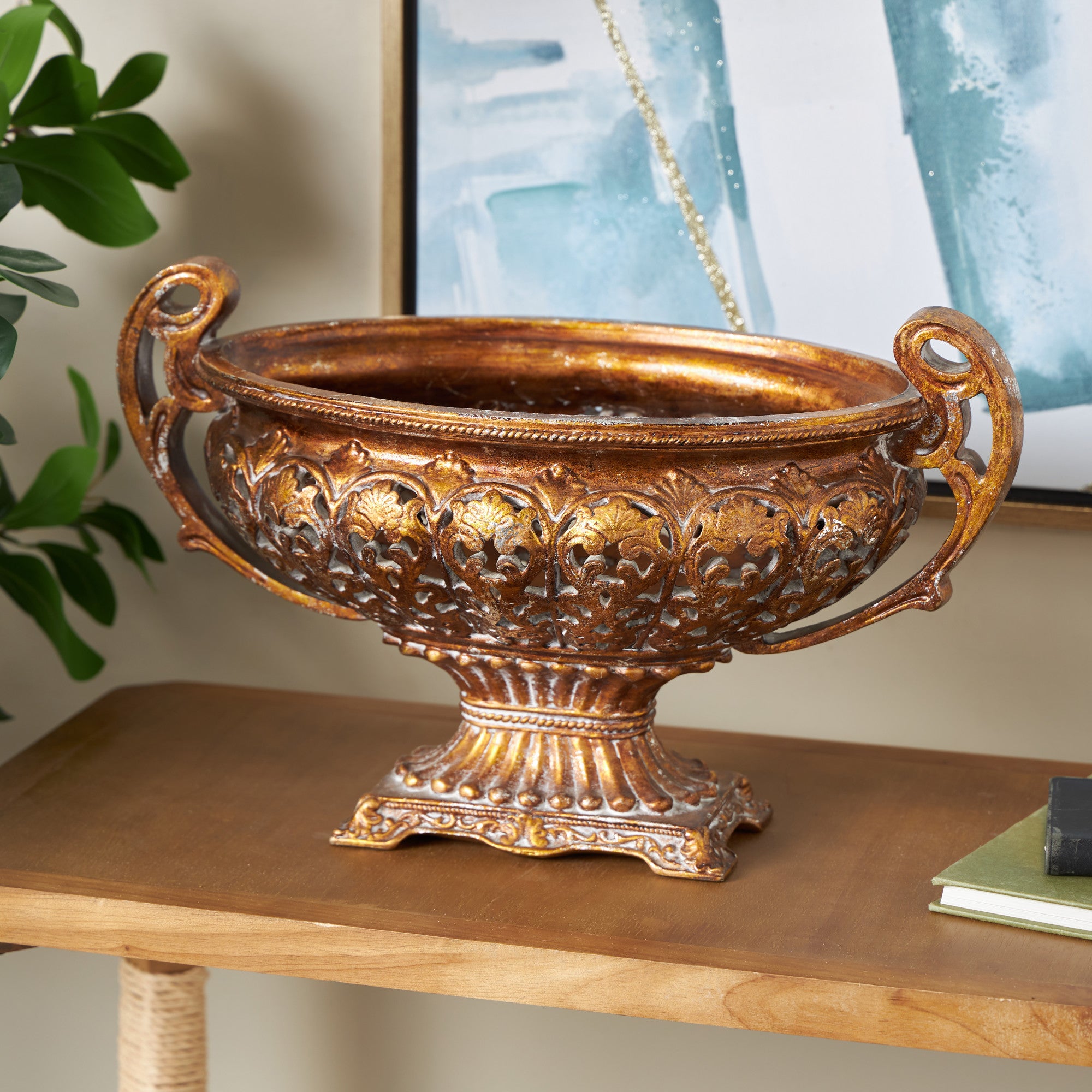Leaf Gold Polystone Ornate Large Decorative Bowl with Handles