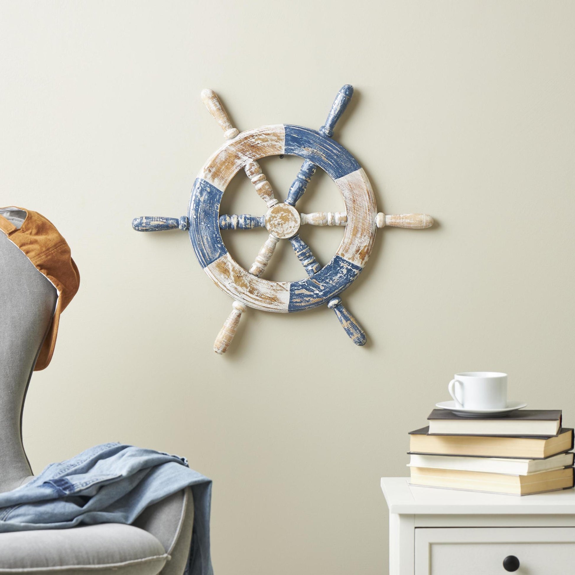 Ship Wheel Blue Wood Distressed Two-Toned Home Wall Decor with Brown Accents