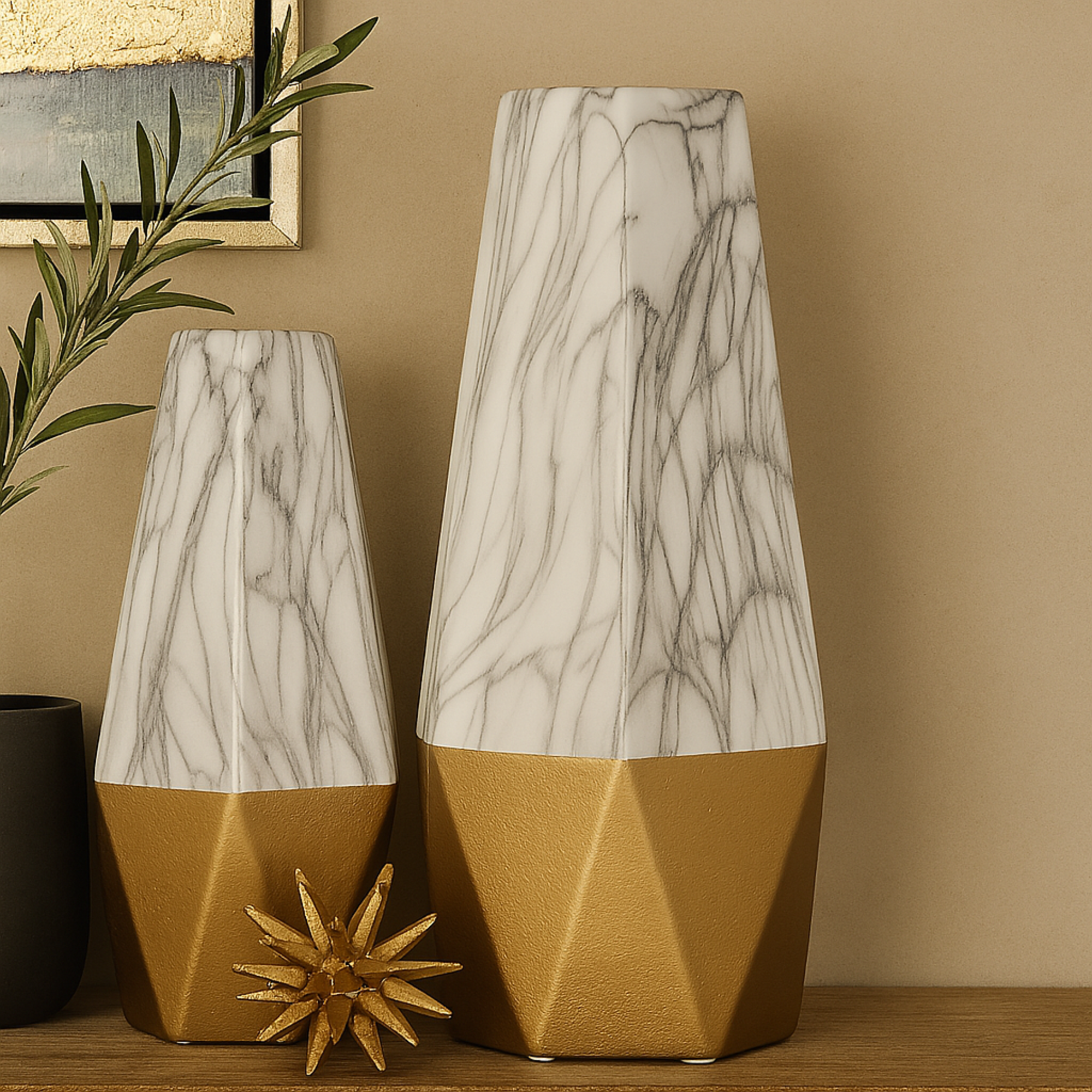 Ceramic Faux Marble Decorative Vase with Gold Base 8" x 7" x 18"