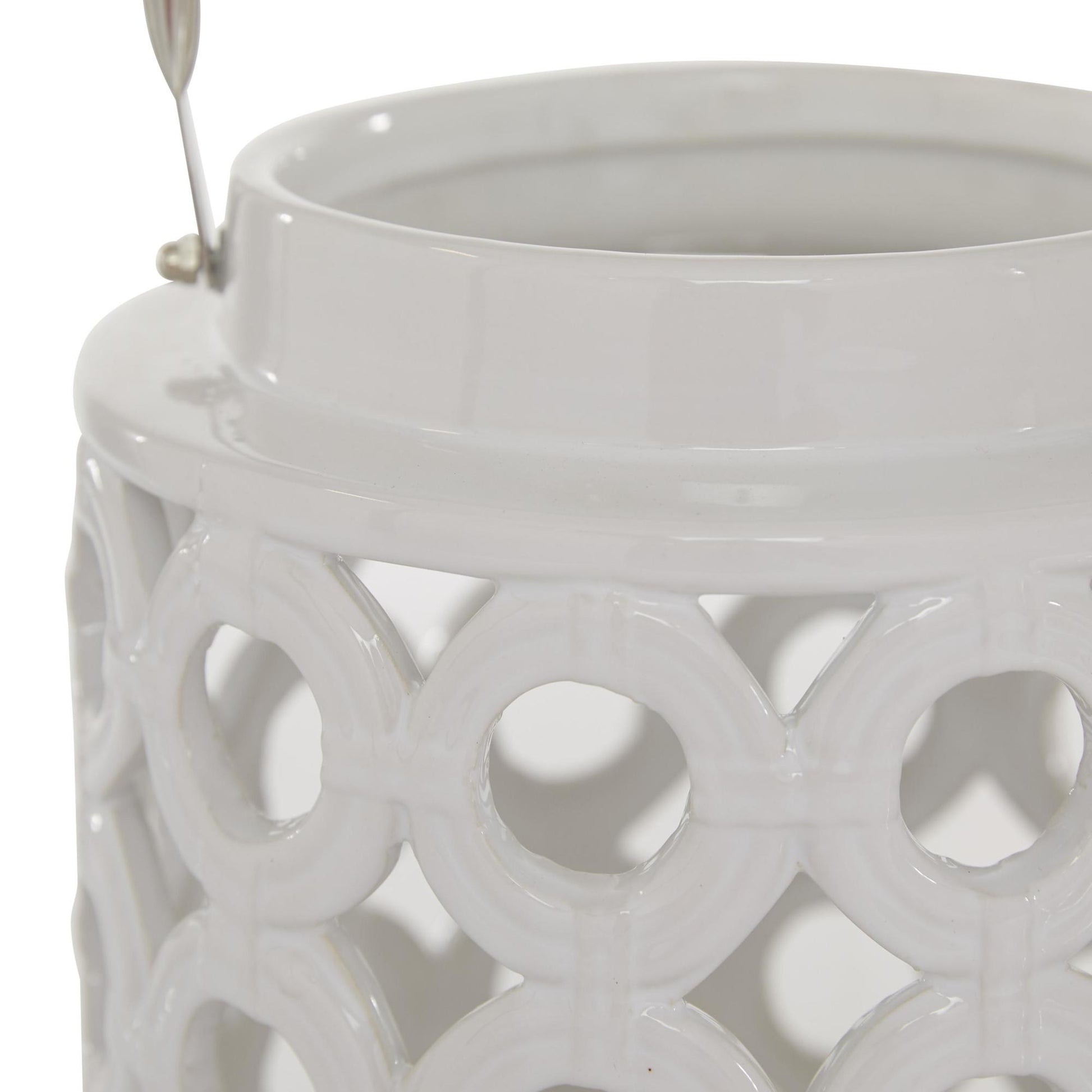 White Ceramic Circles Decorative Indoor Outdoor Candle Lantern with Cut Out Design