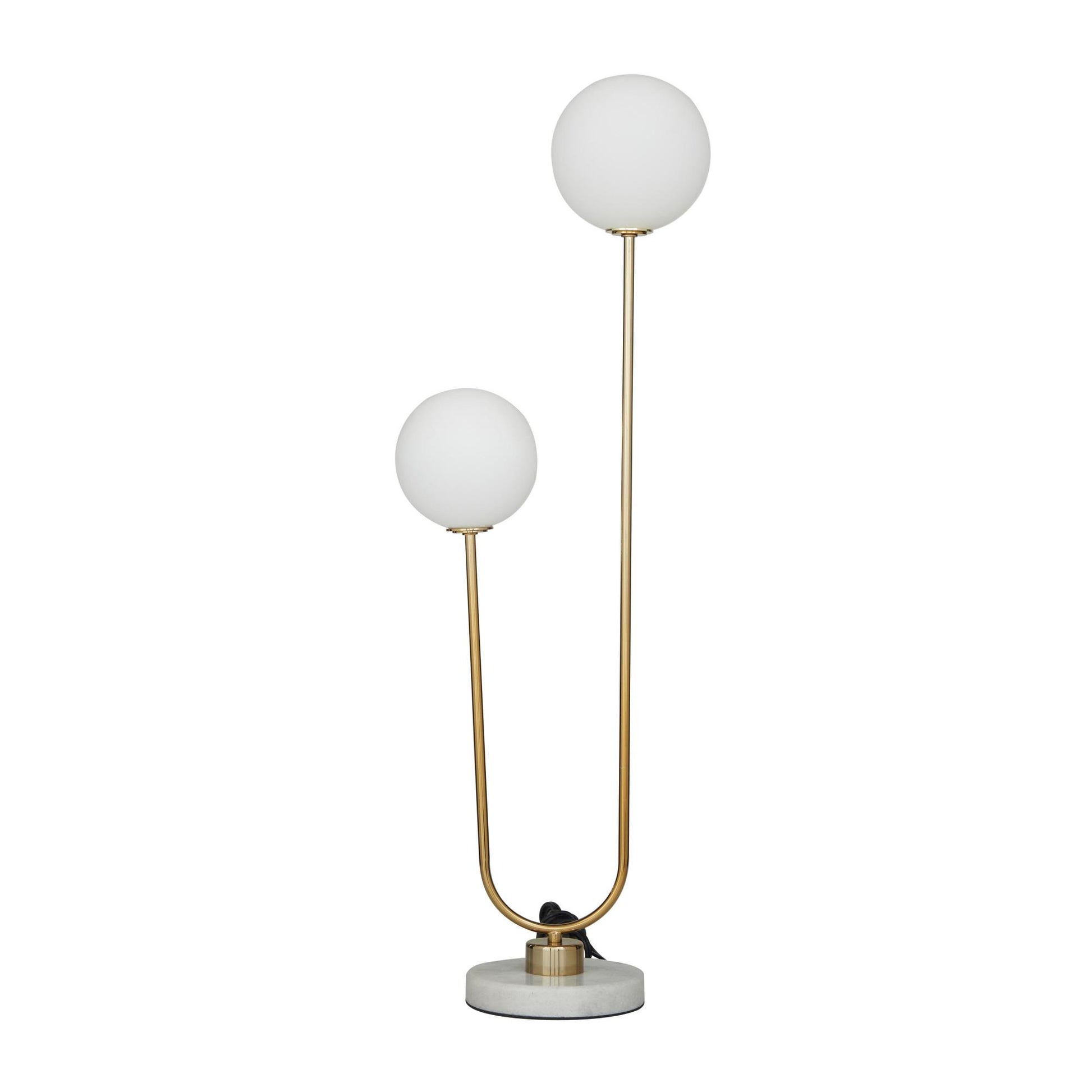 Gold Metal Curved Orb 2 Light Room Table Lamp with White Glass Shades and Marble Base