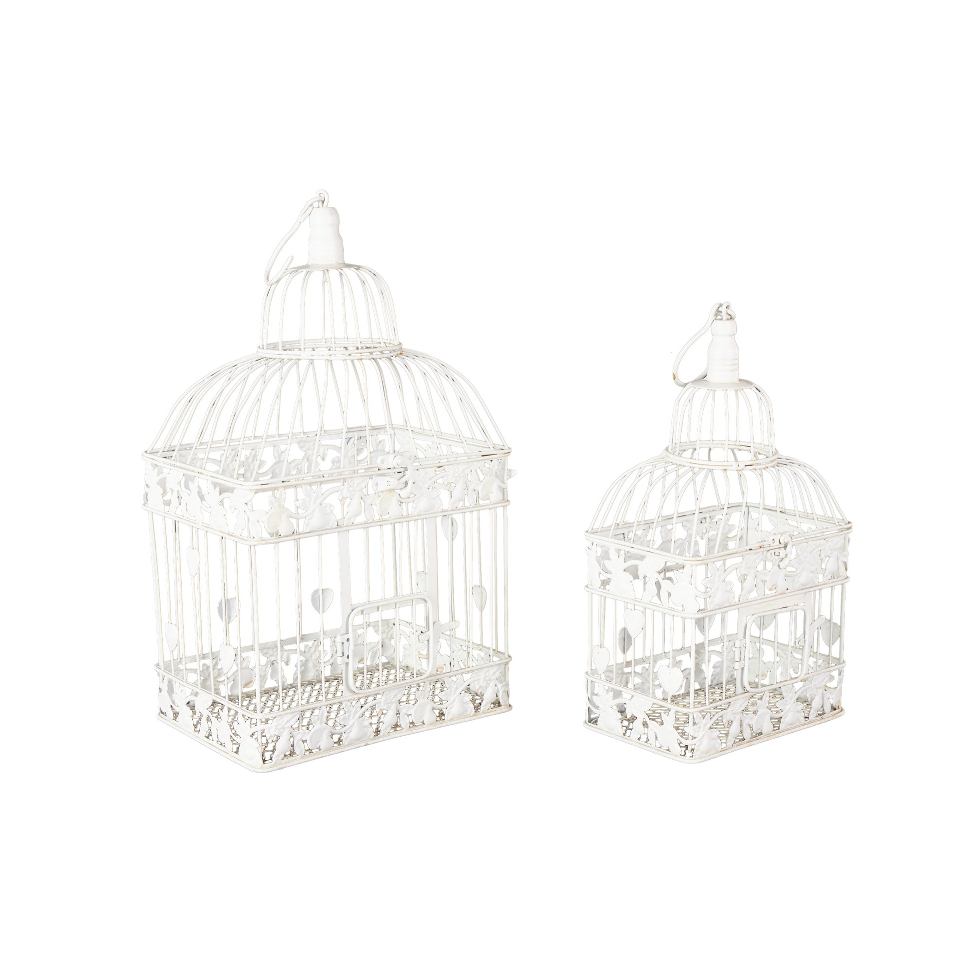 Set of 2 White Metal Indoor Outdoor Hinged Top Decorative Birdcage with Latch Lock Closure and Hanging Hook
