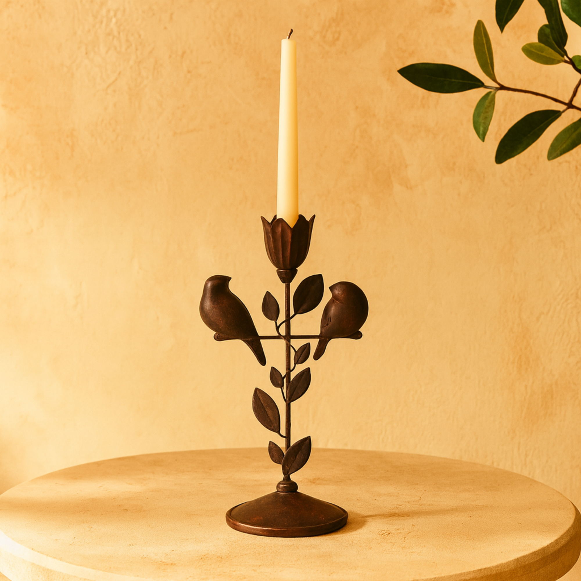 Bird Black Polystone Perching Decorative Sculpture with Leaf Vine and Copper Shading