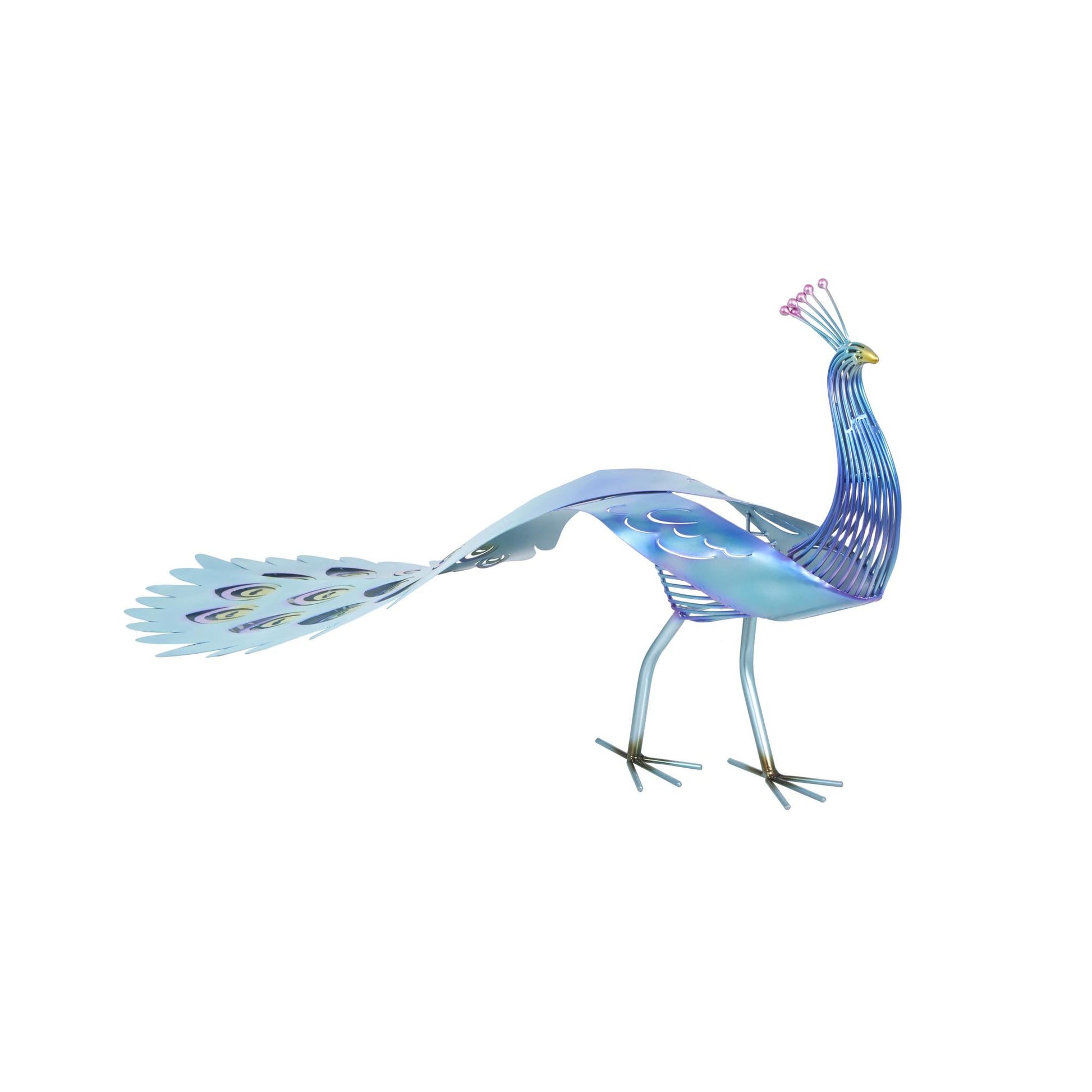 Peacock Blue Metal Decorative Garden Sculpture with Open Wire Framed Body and Rainbow Accents