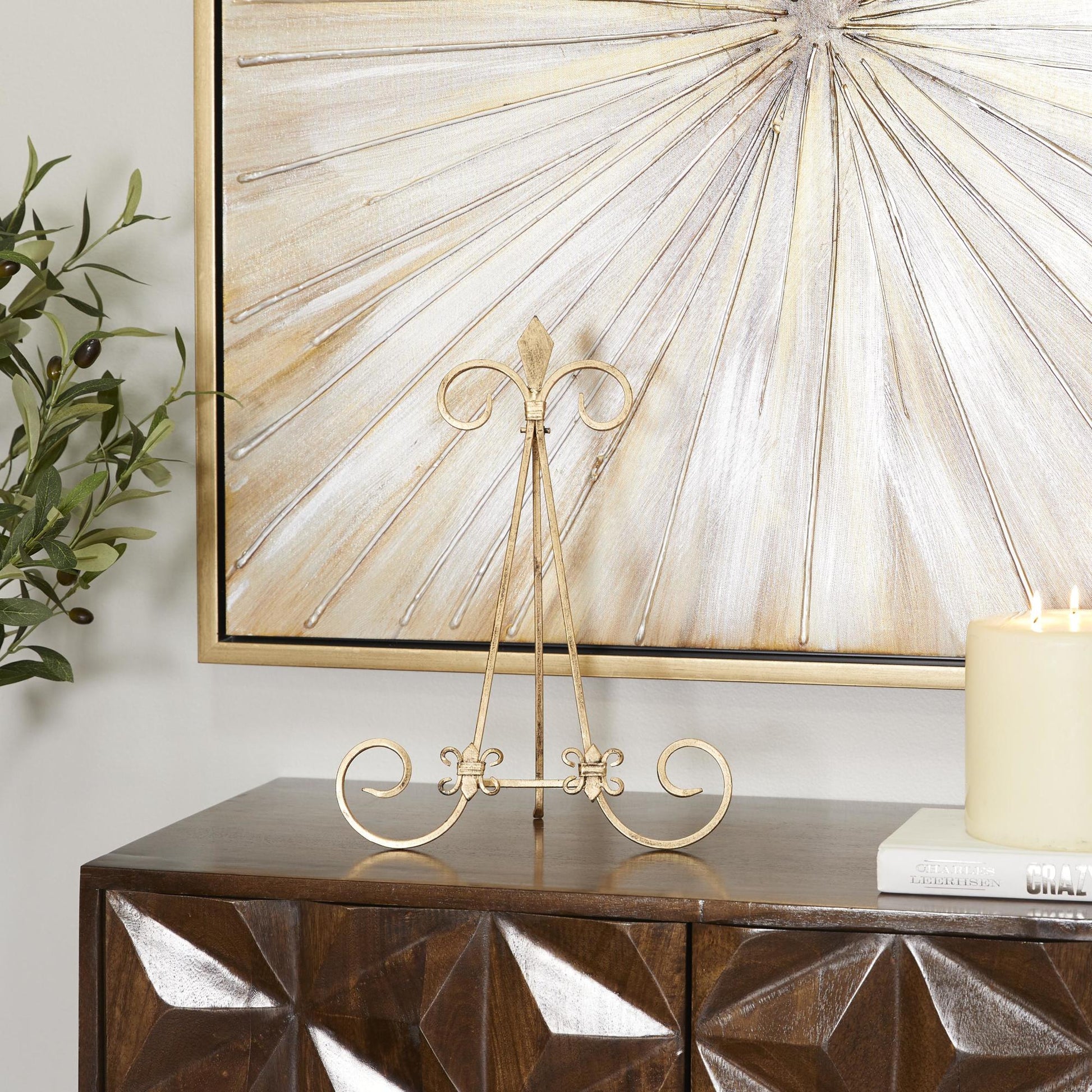 Fleur De Lis Gold Metal Tabletop Arched Display Easel with Scroll Details