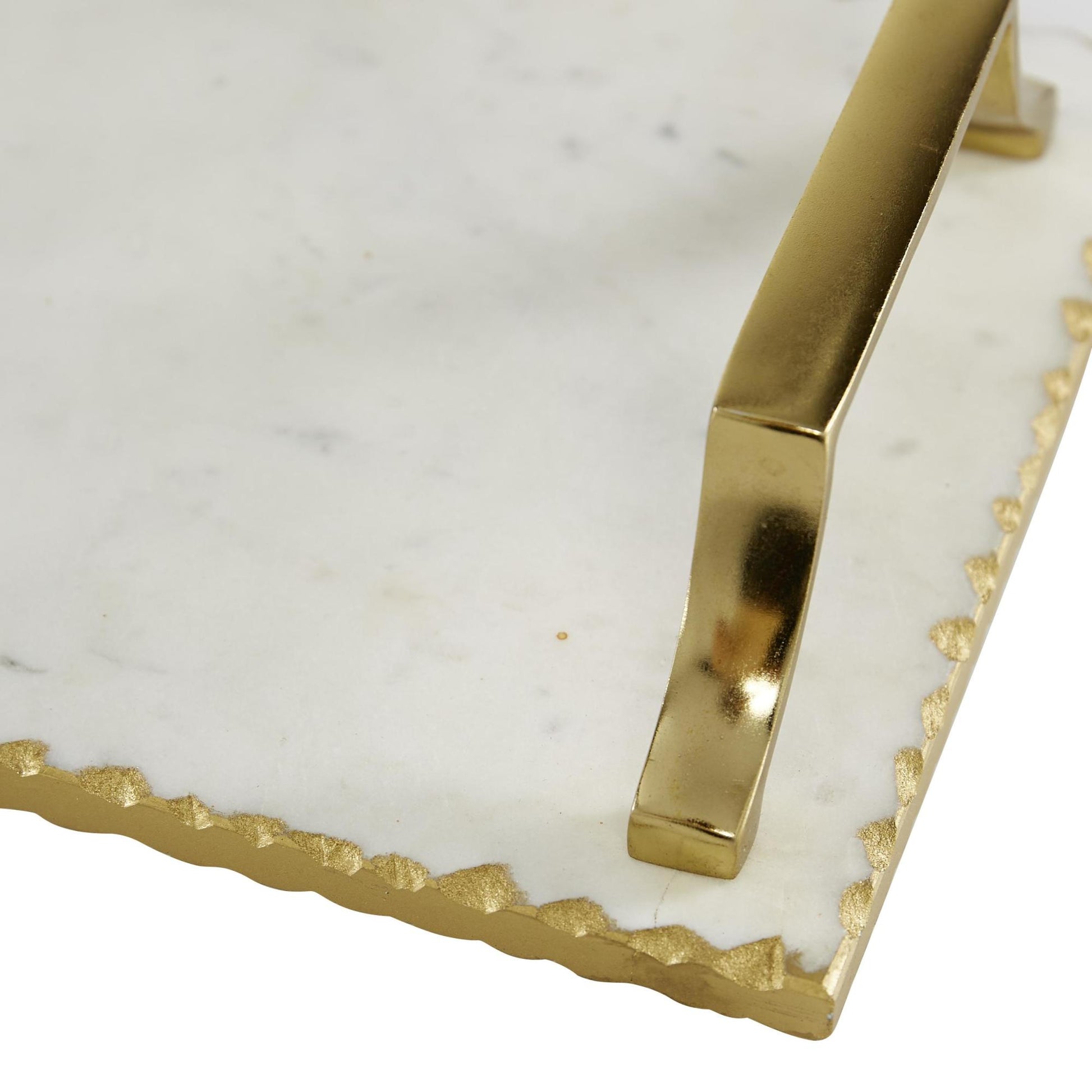 Set of 2 Marble Scalloped Living Room Decor Tray with Gold Metal Handles