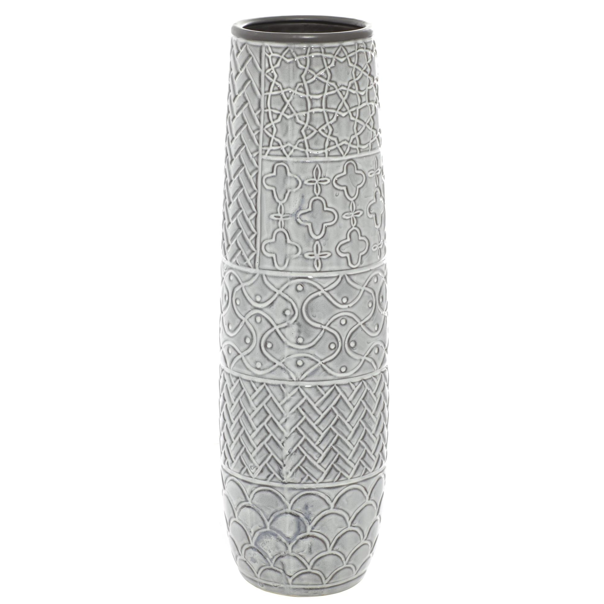 Gray Ceramic Slim Engraved Patterned Decorative Vase with Varying Patterns
