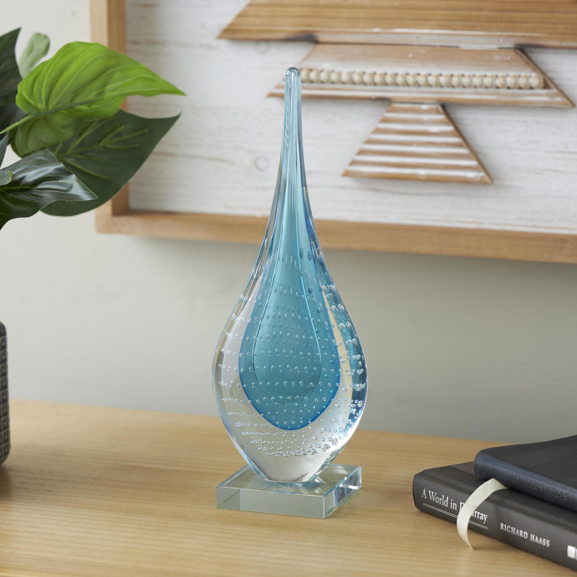 Abstract Blue Glass Teardrop Decorative Sculpture with Clear Bubble Droplets