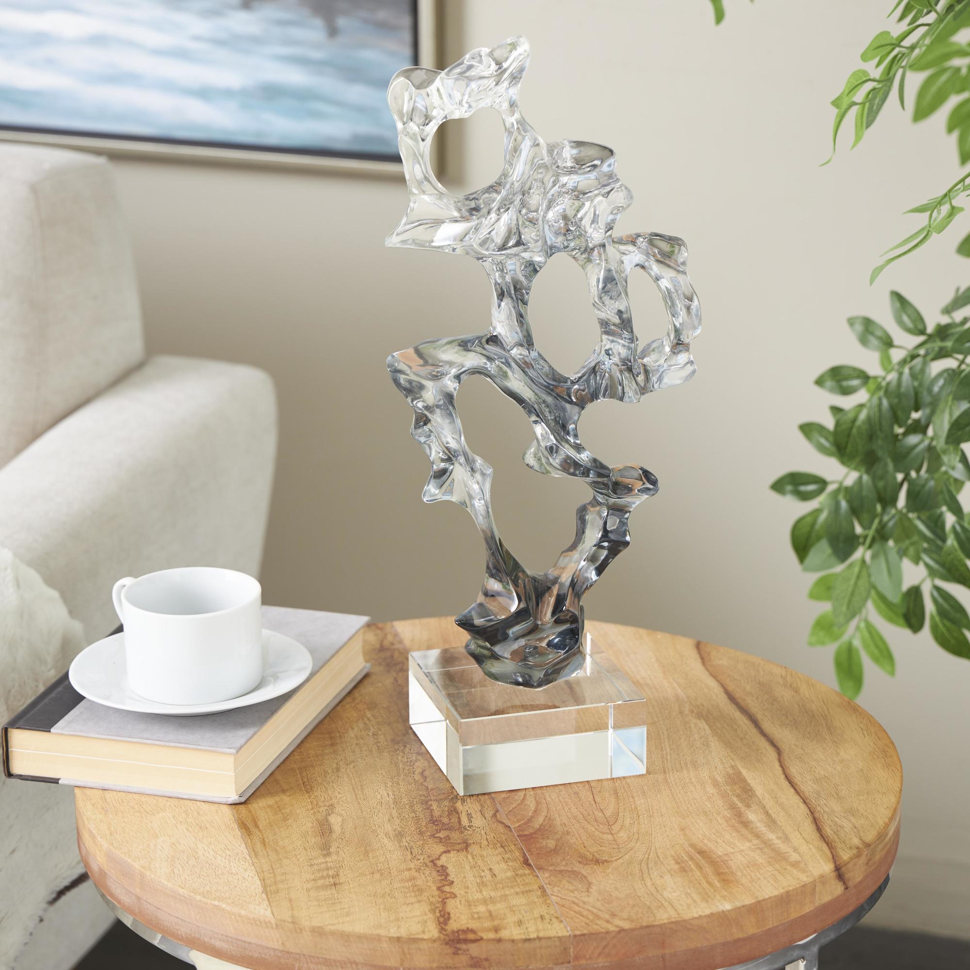 Abstract Clear Glass Handmade Freeform Decorative Sculpture with Clear Square Base