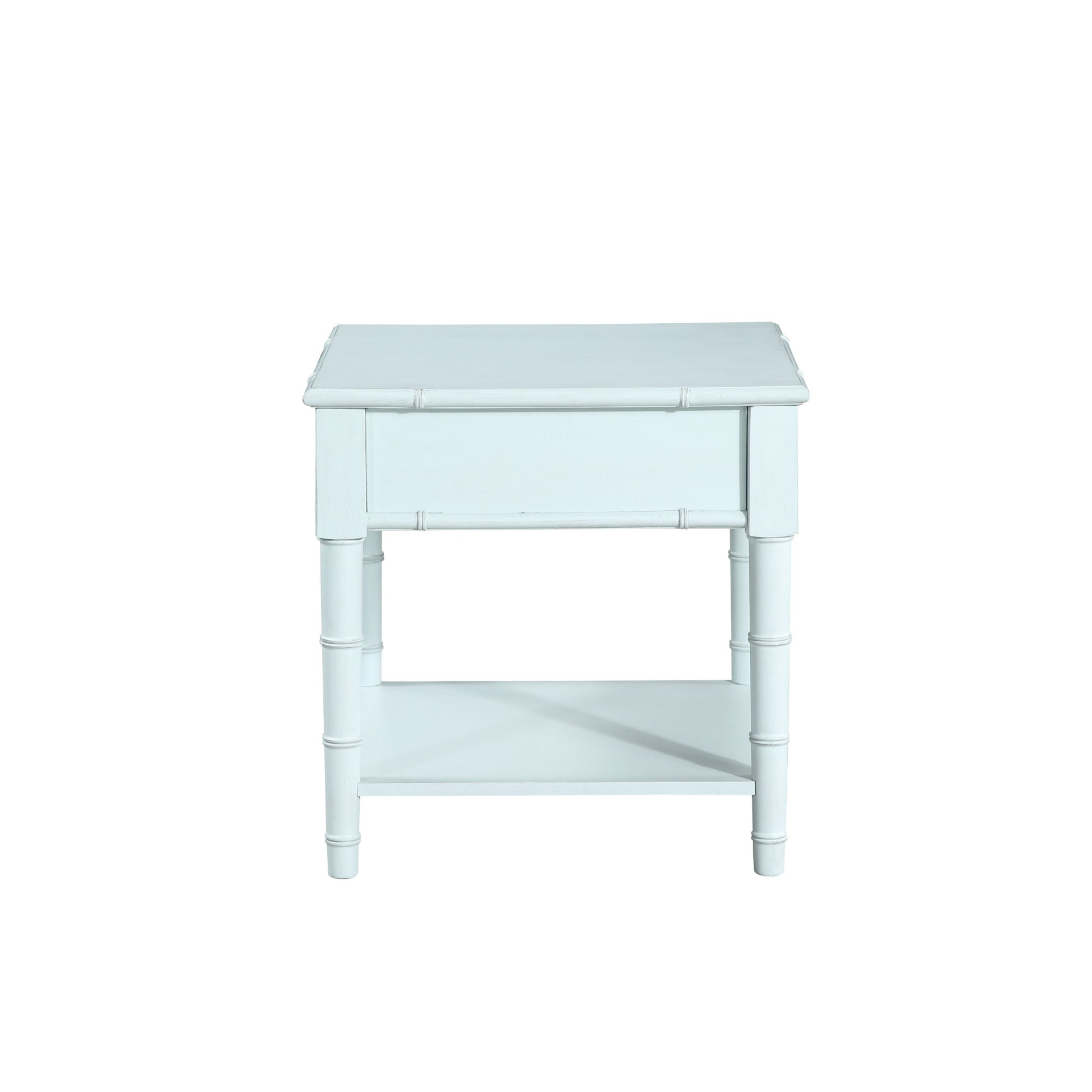 Light Blue Wood 1 Drawer Side End Accent Table with Bamboo Inspired Detailing and Bronze Knob