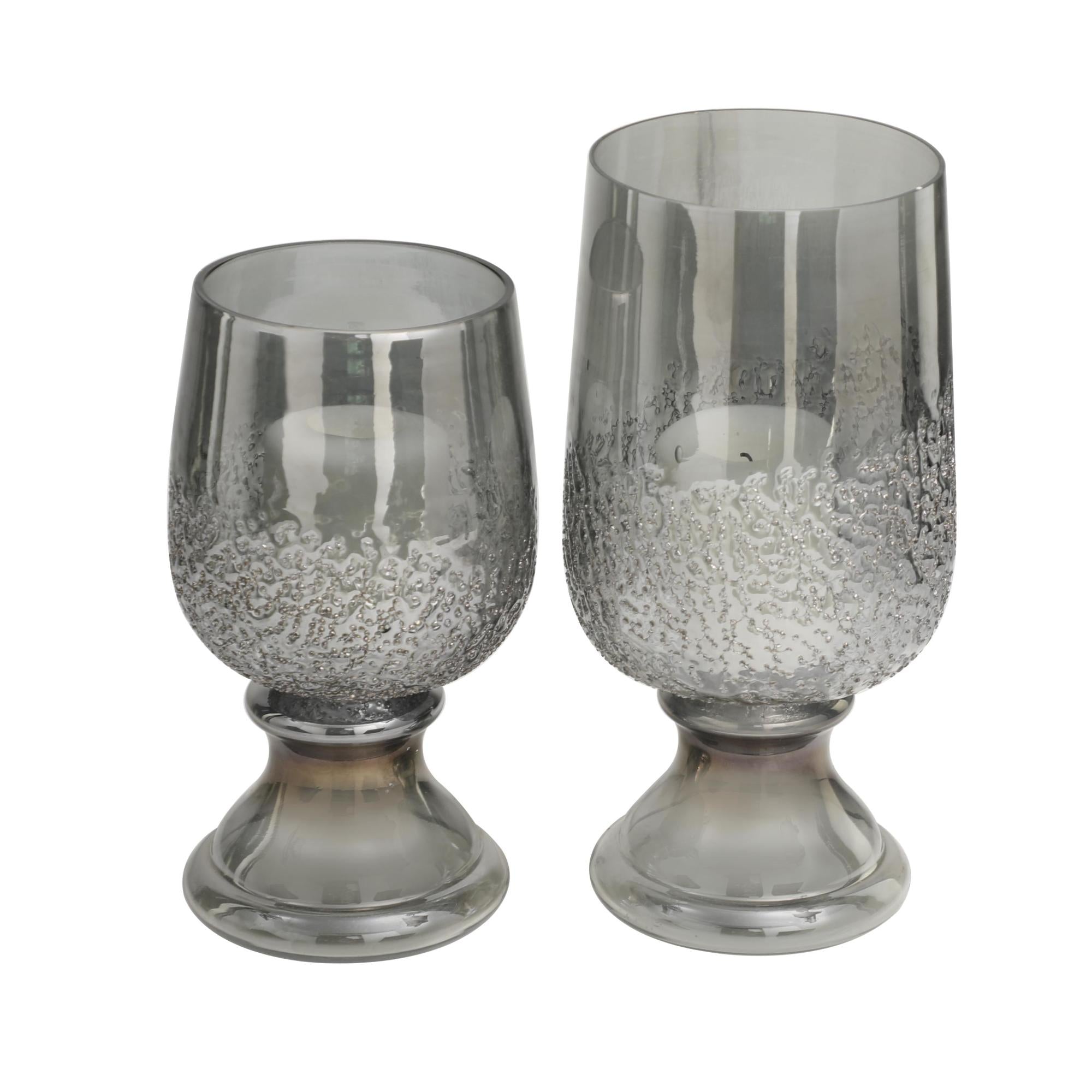 Set of 2 Gray Glass Tinted Decorative Candle Holder with Textured Exterior