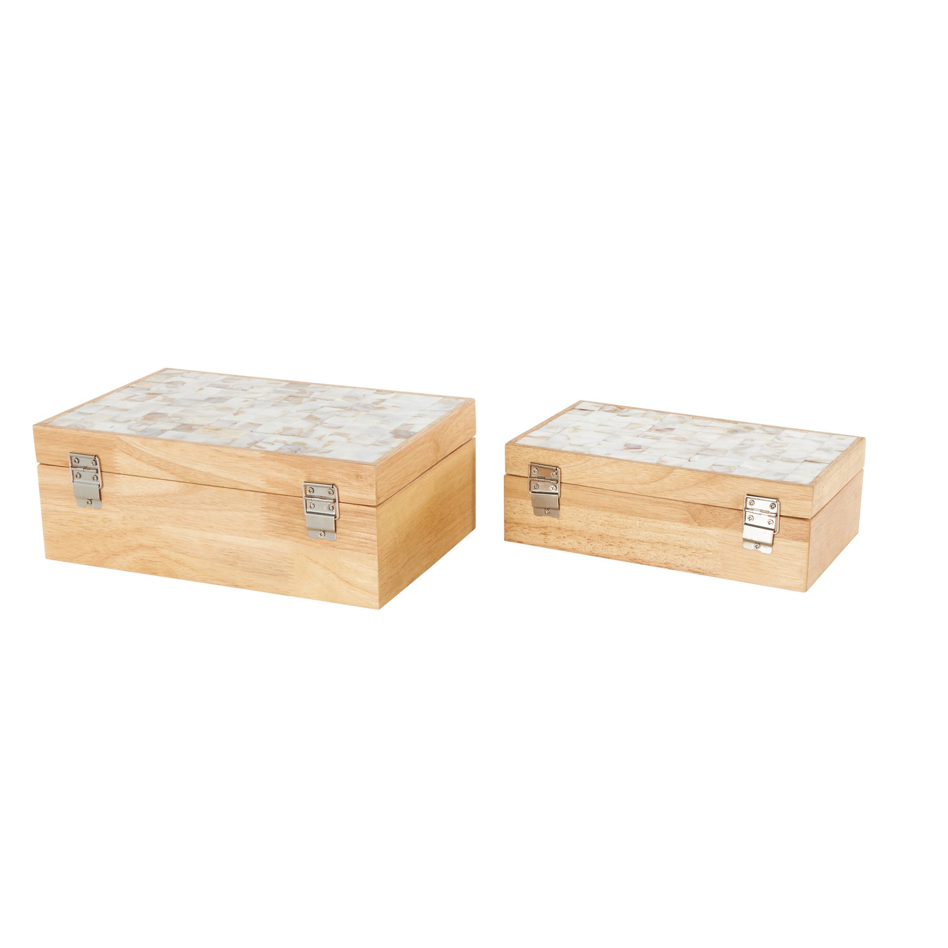 Set of 2 Light Brown Wood Handmade Storage Decorative Box with Seashell Tops