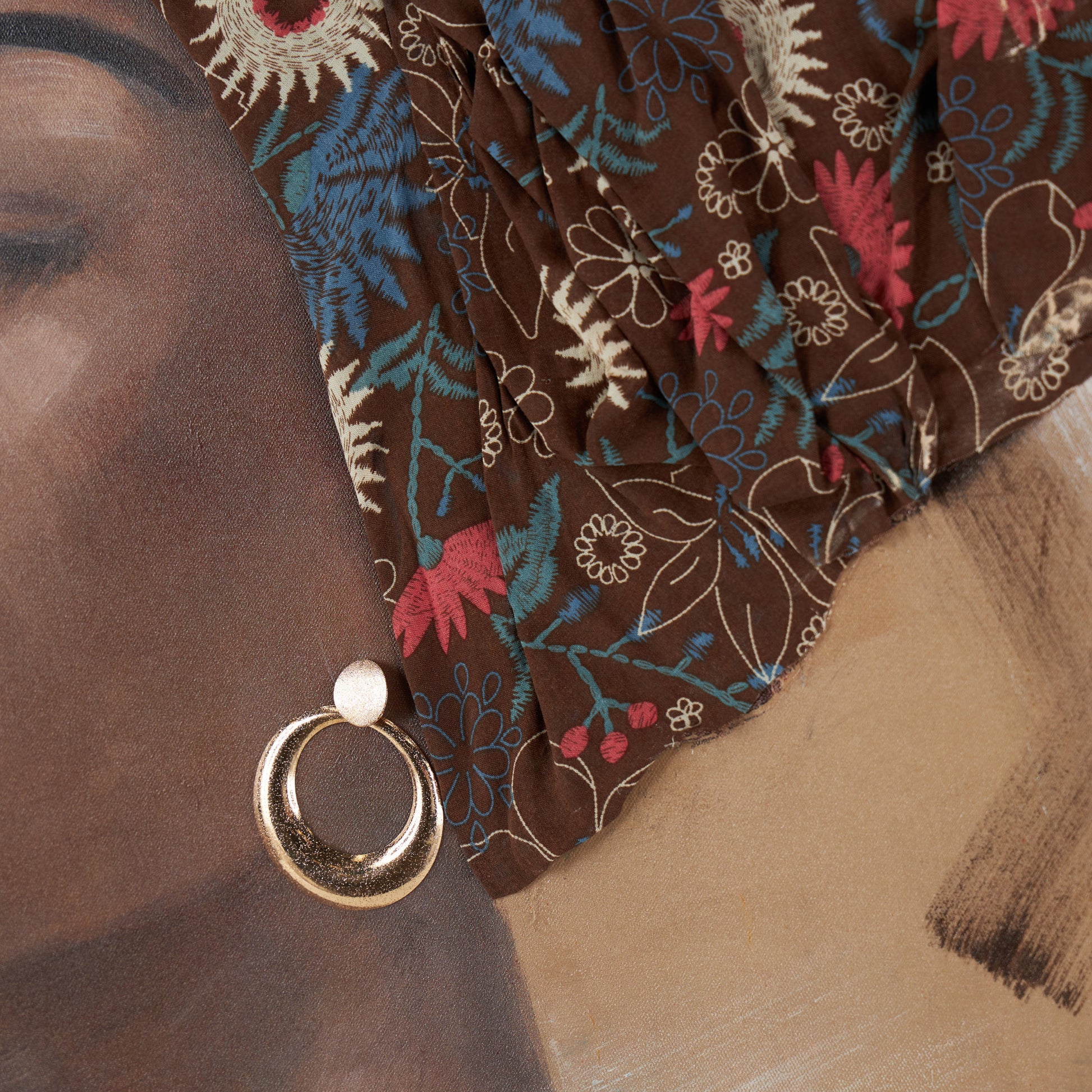 Woman Brown Canvas Decorative Wall Art with 3D Fabric Headwear And Gold Jewels