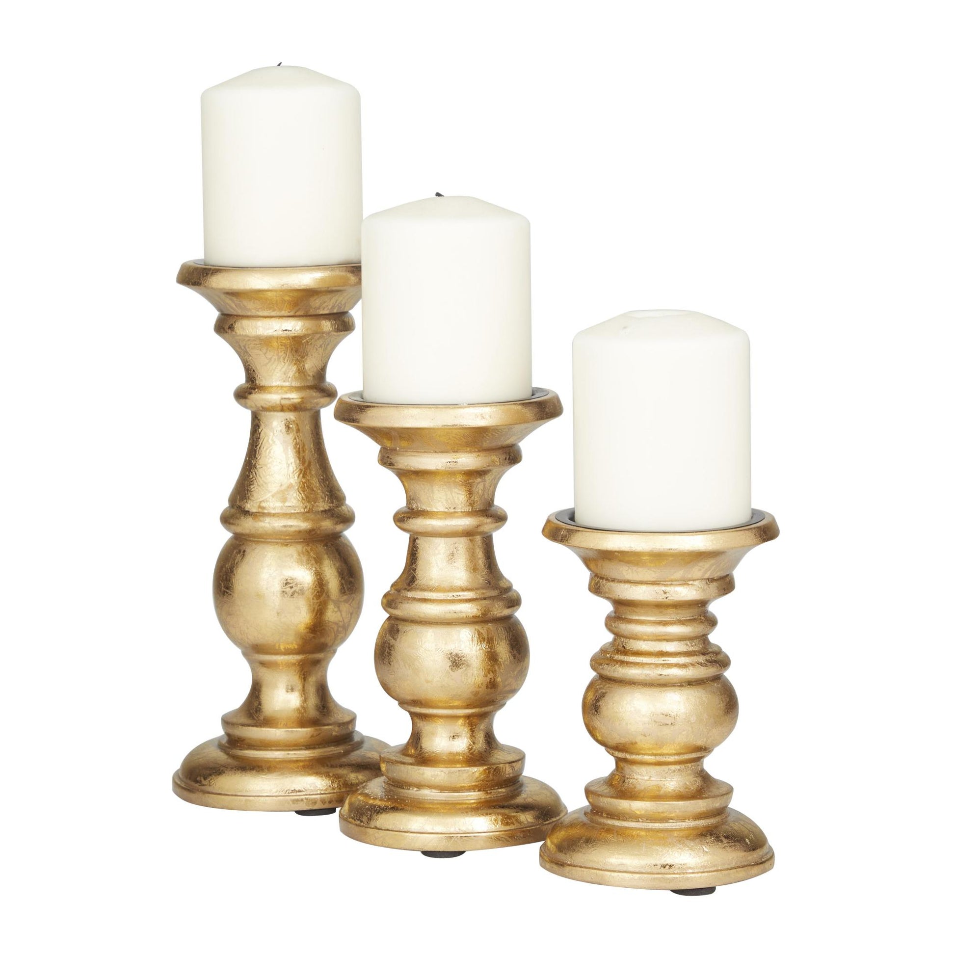 Set of 3 Mango Wood Distressed Turned Pillar Decorative Candle Holder