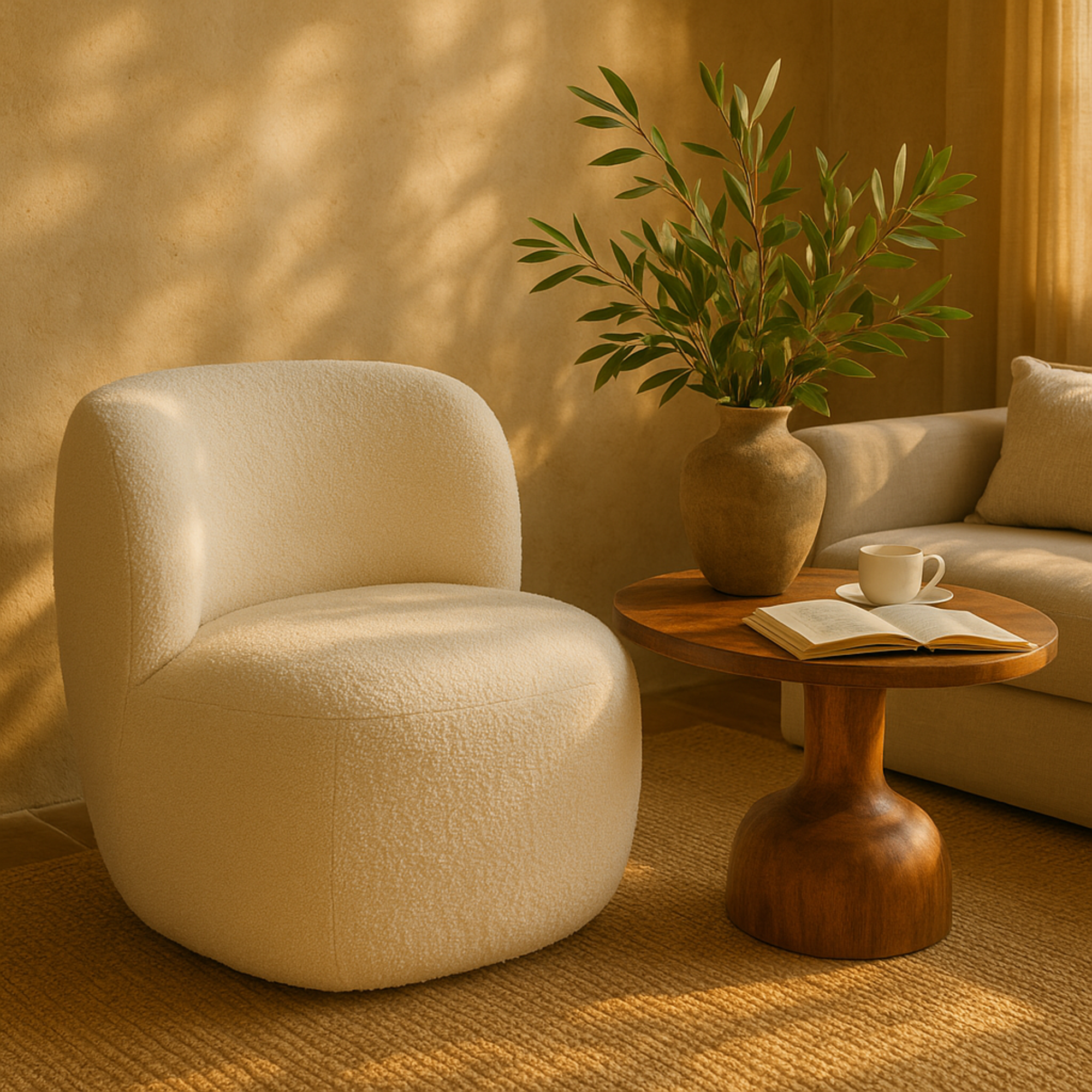 White Polyester Rounded Barrel Living Room Accent Chair