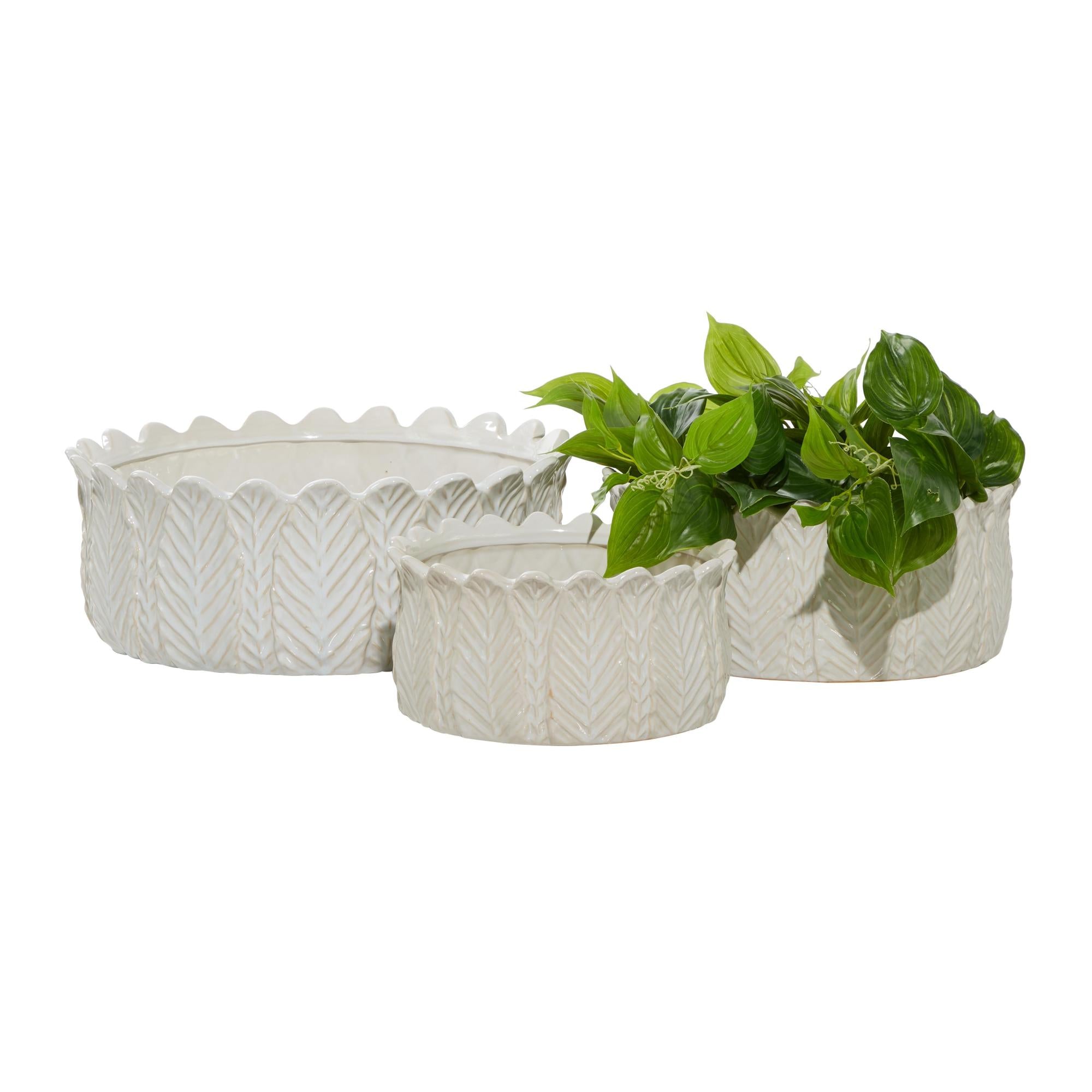 Set of 3 Leaf White Ceramic Indoor Outdoor Planter