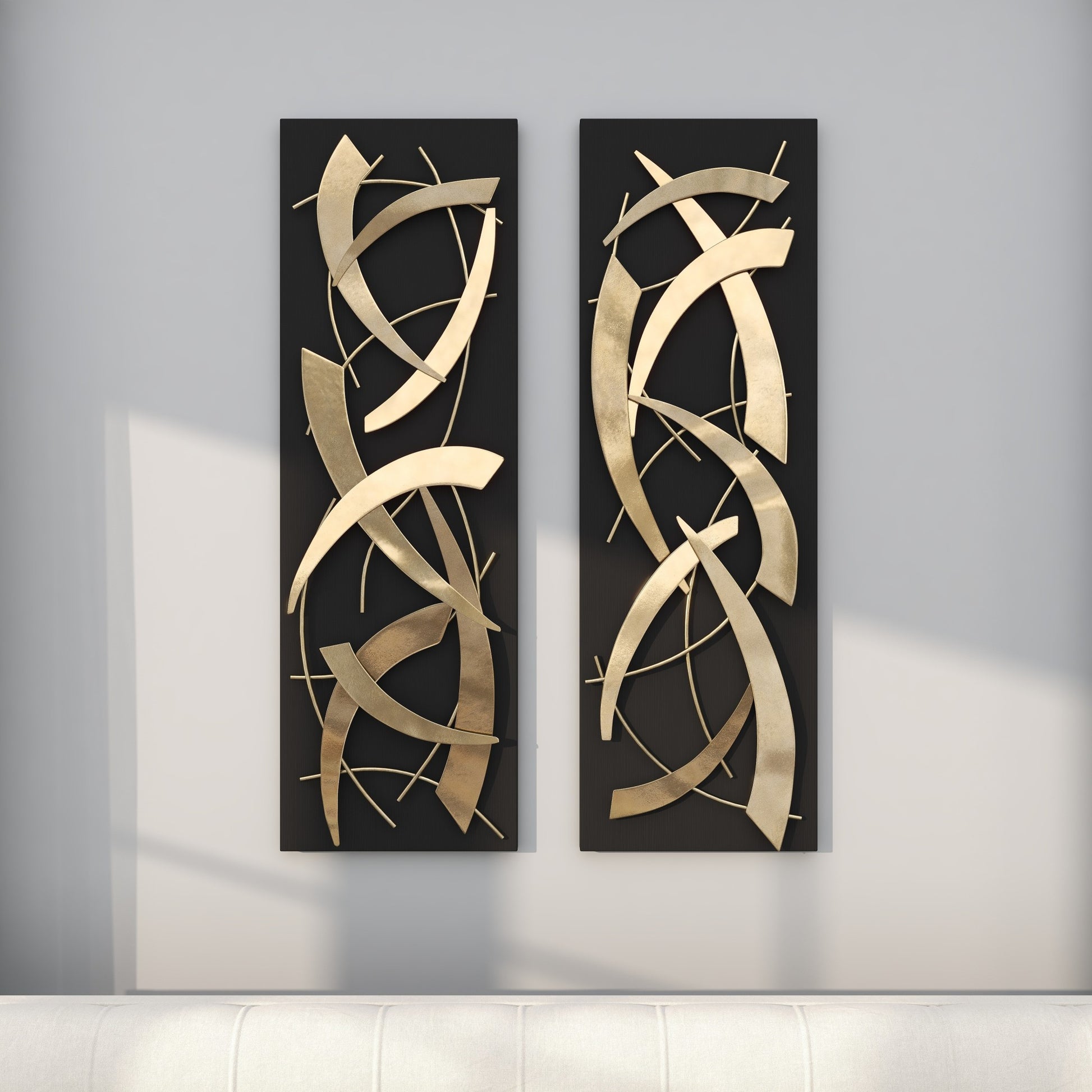 Set of 2 Abstract Metal Dimensional Home Wall Decor with Black Backing Set of 2 12"W, 36"H