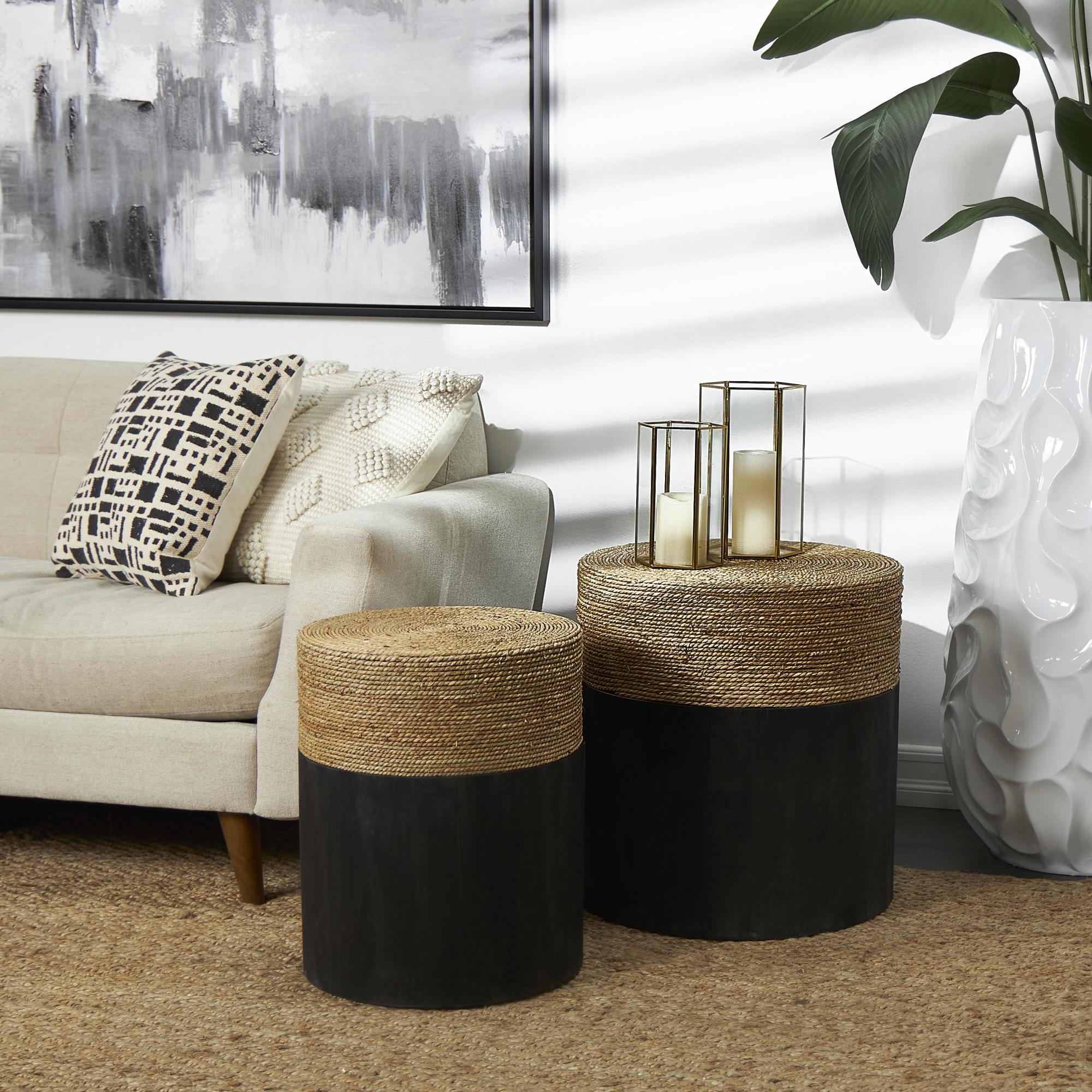 Set of 2 Black Wood Handmade Color block Wrapped Side End Accent Table with Dried Plant Tabletops