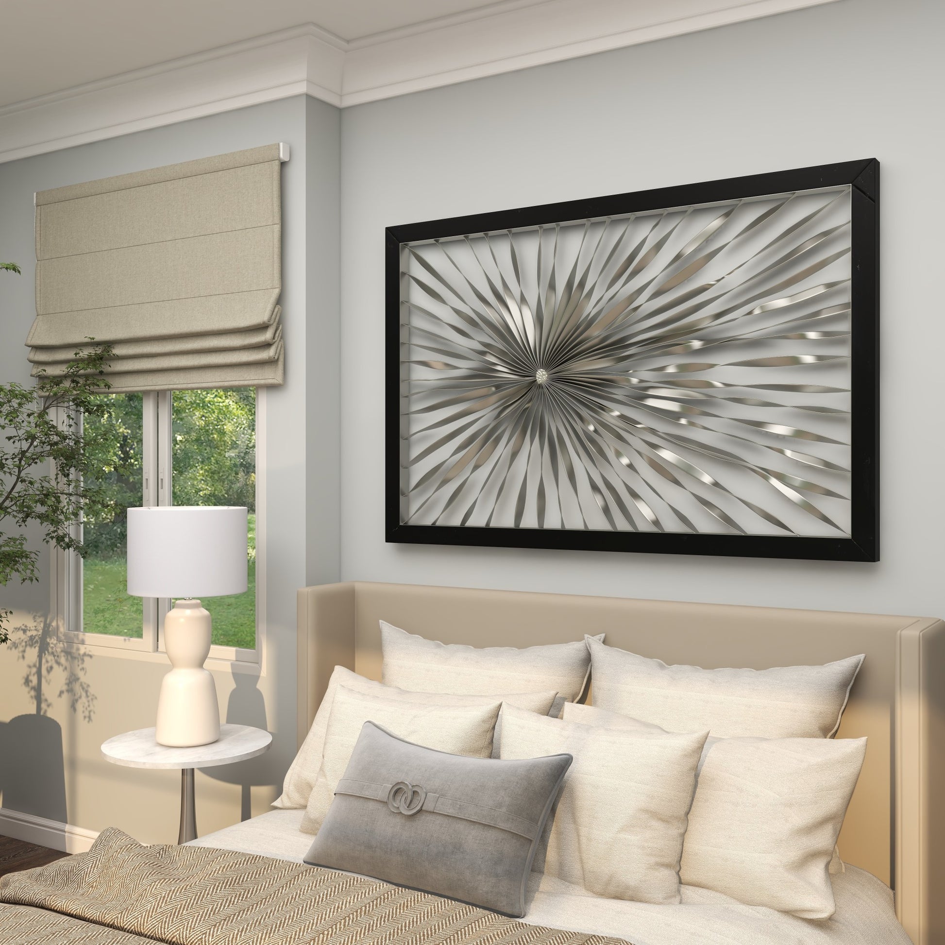 Sunburst Silver Metal Coiled Ribbon Home Wall Decor with Black Frame