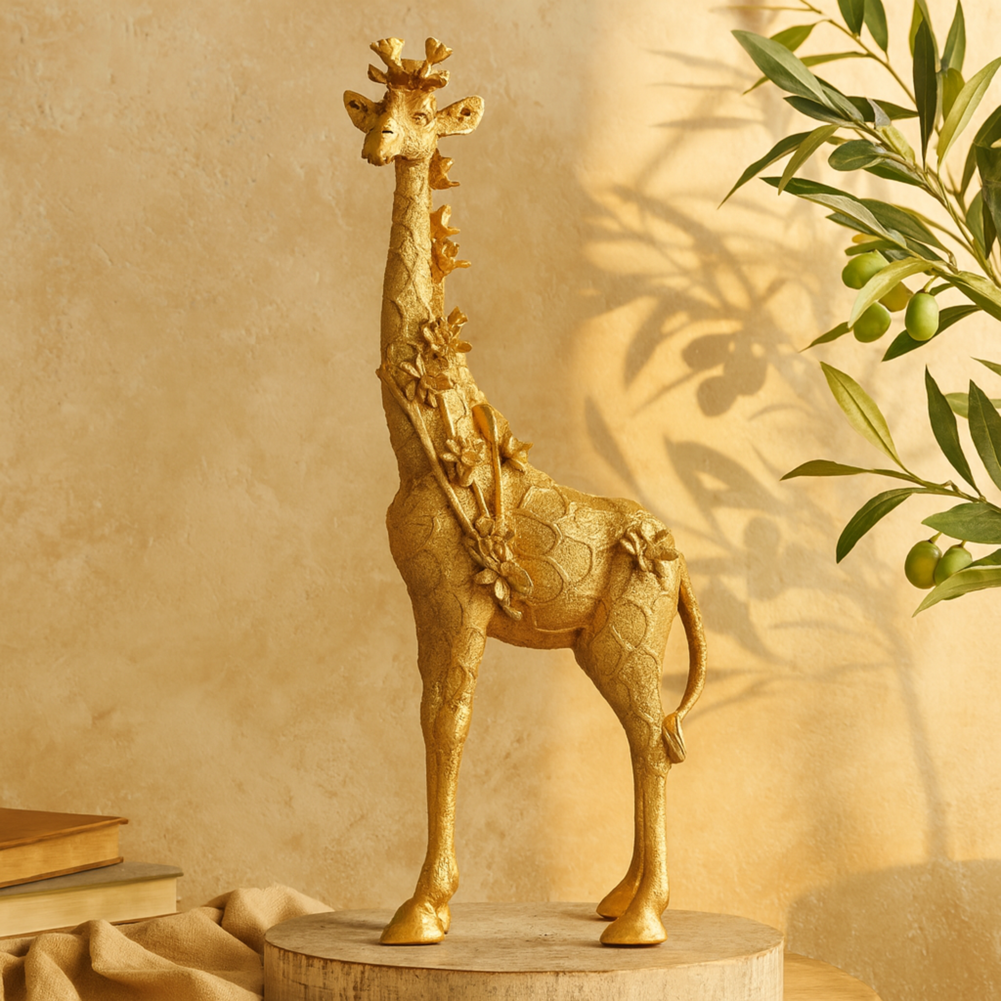 Giraffe Gold Resin Standing Decorative Sculpture with Textured Spots and Floral Accents