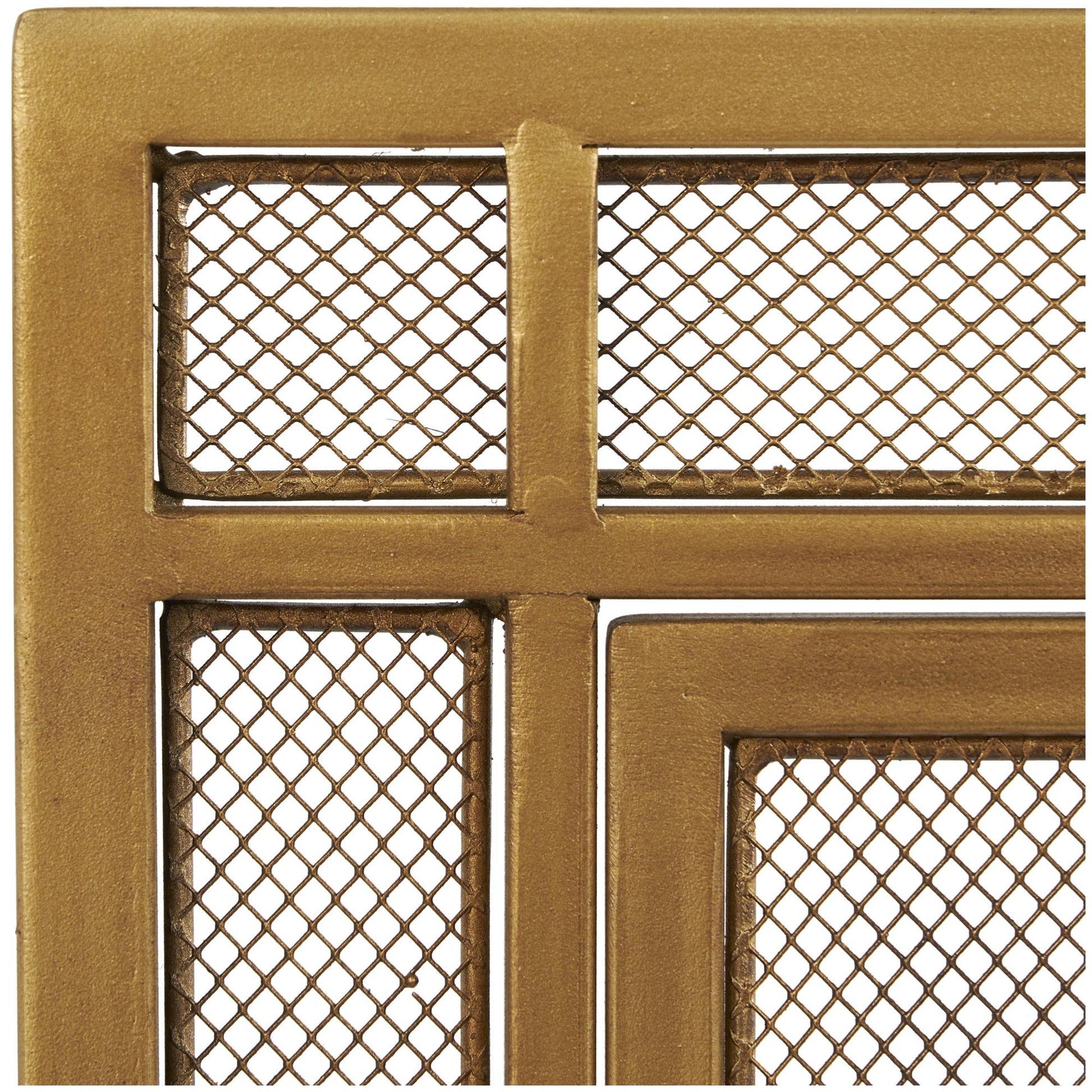 Gold Metal Geometric Single Panel Living Room Fireplace Screen with Latched Doors and Arched Feet