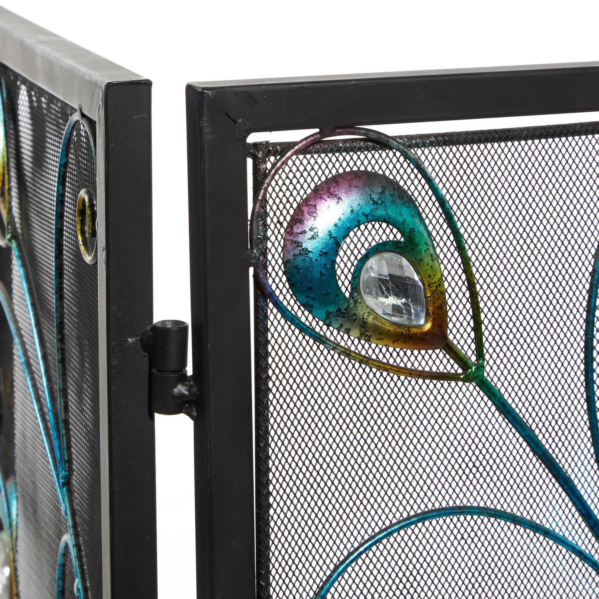 Peacock Blue Metal Rainbow 3 Panel Living Room Fireplace Screen with Crystal Accents and Black Frame