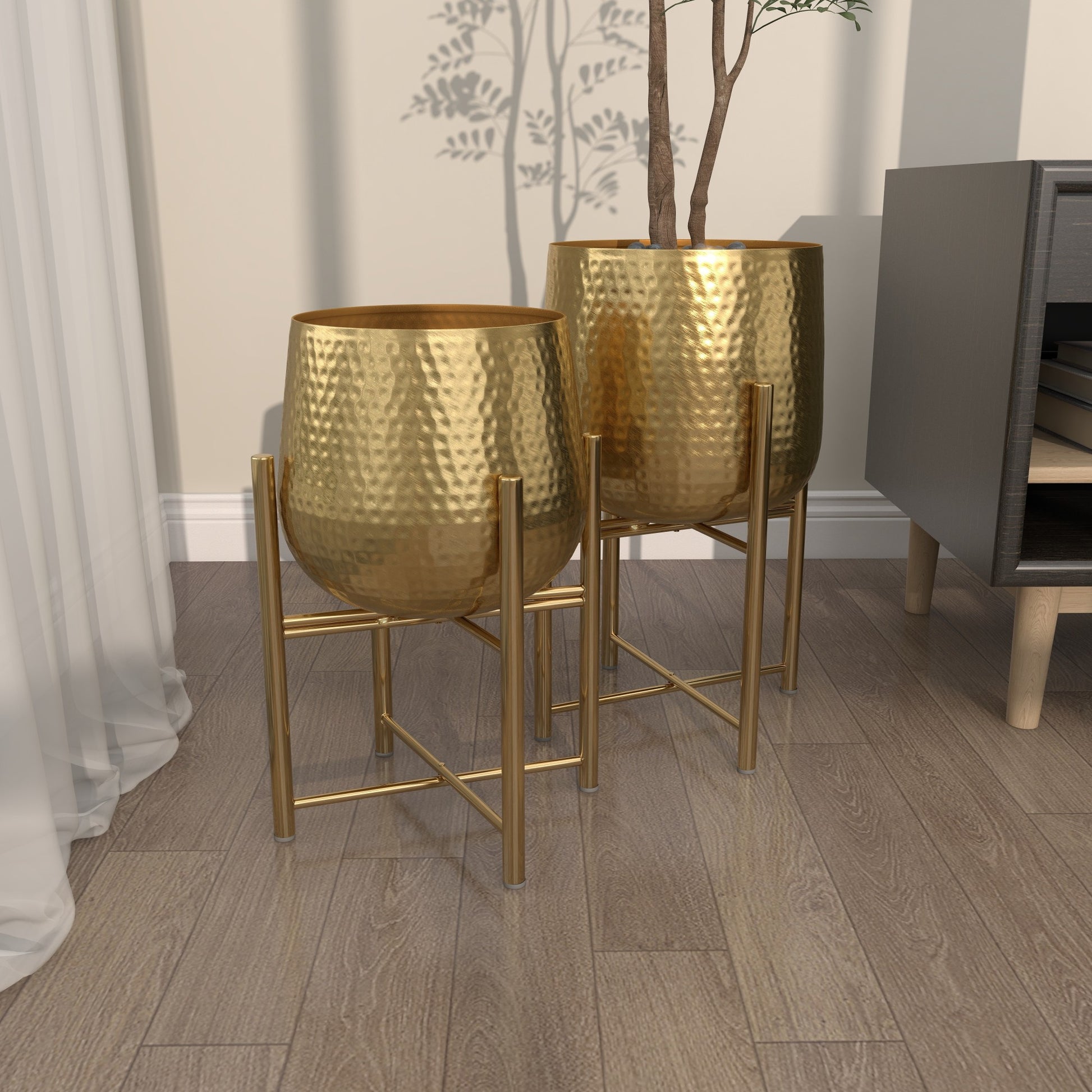 CosmoLiving by Cosmopolitan Set of 2 Metal Hammered Indoor Outdoor Planter with Removable Stand