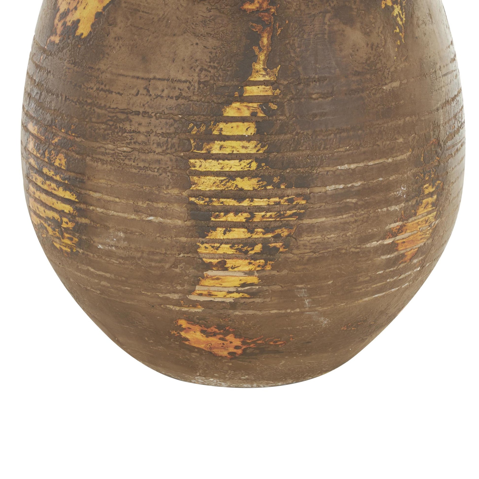 Brown Ceramic Antique Style Distressed Decorative Vase with Grooves and Handles