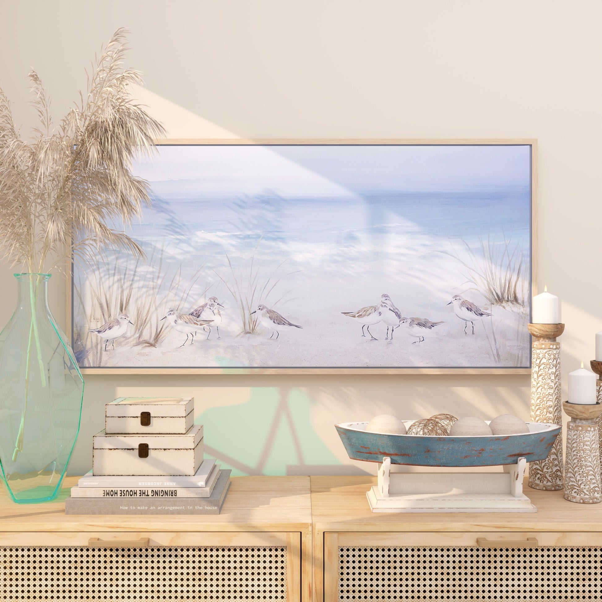Bird Blue Canvas Living Room Framed Wall Art with Brown Wood Frame