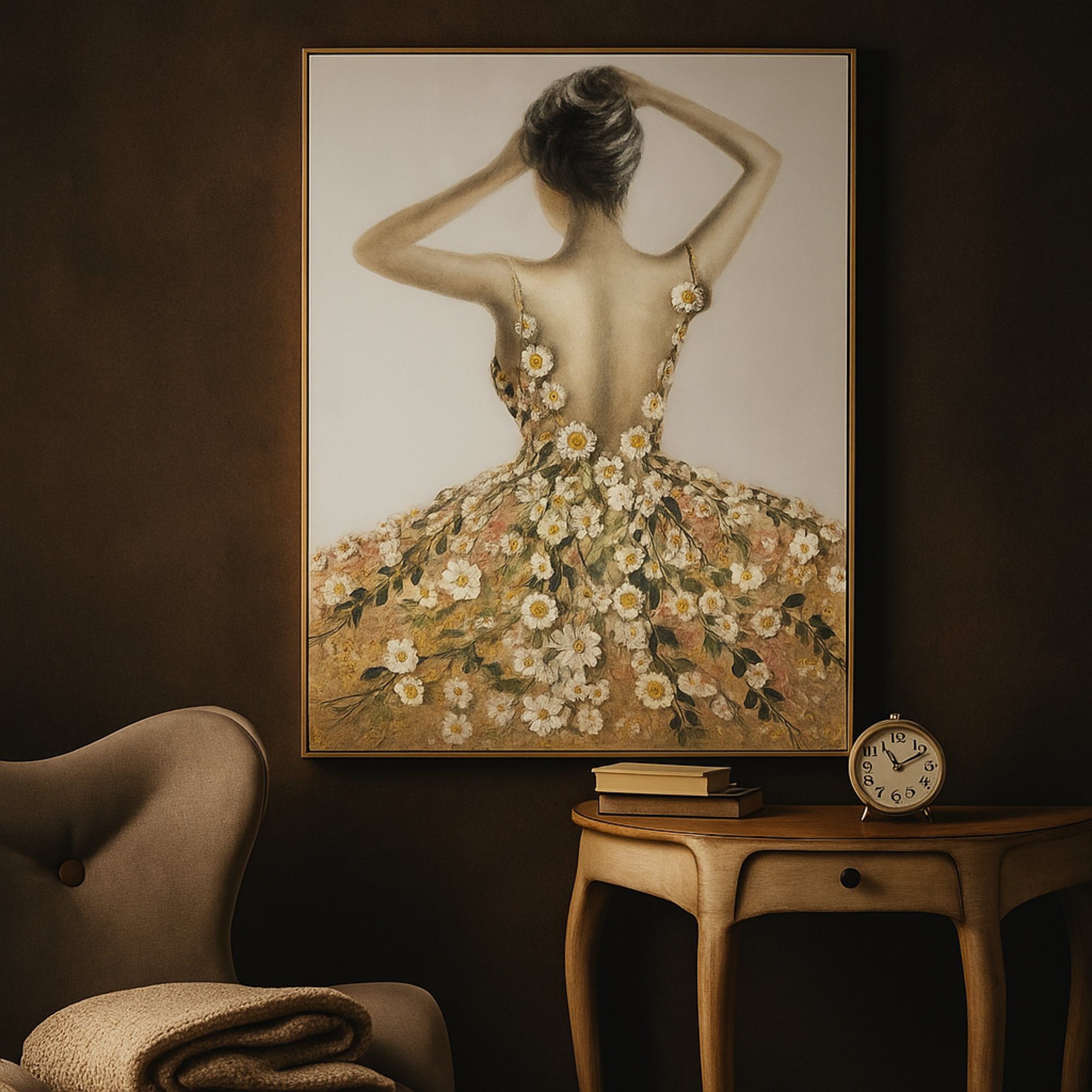 Woman Multi Colored Canvas Living Room Framed Wall Art with 3D Daisy Flowers