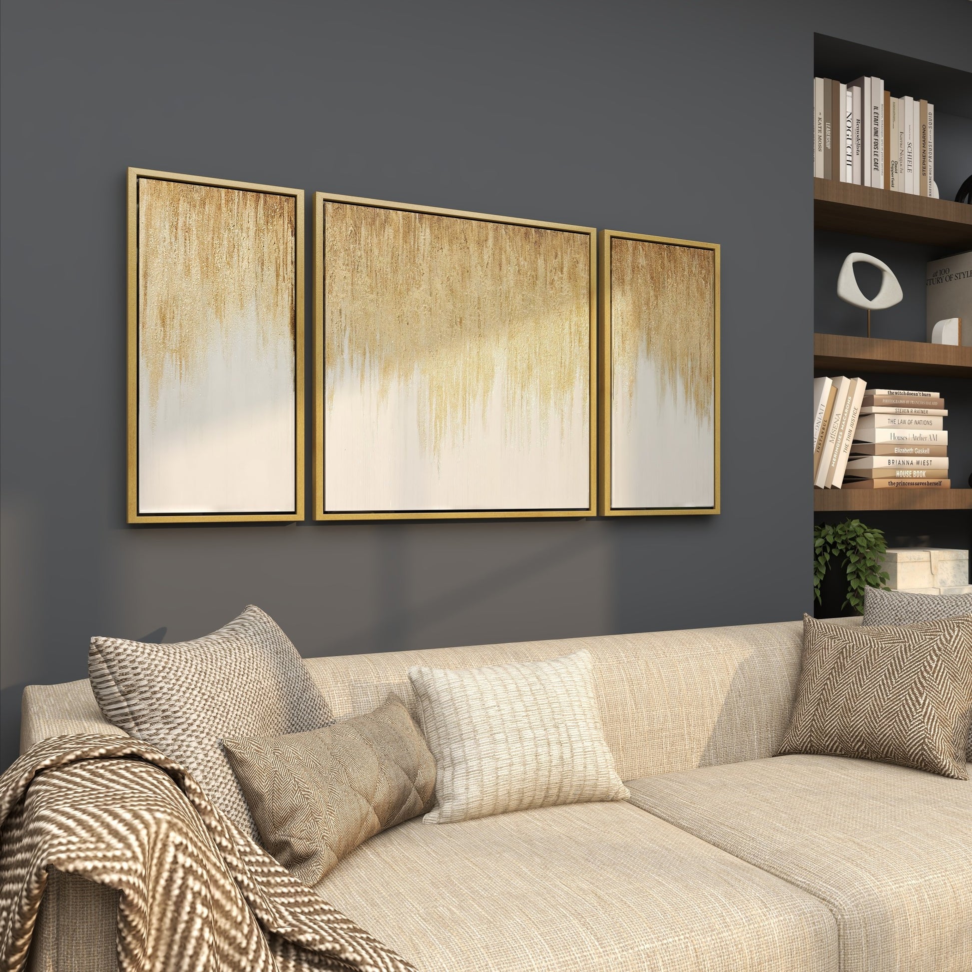 Set of 3 Geode Gold Canvas Ombre Living Room Framed Wall Art with Gold Frame