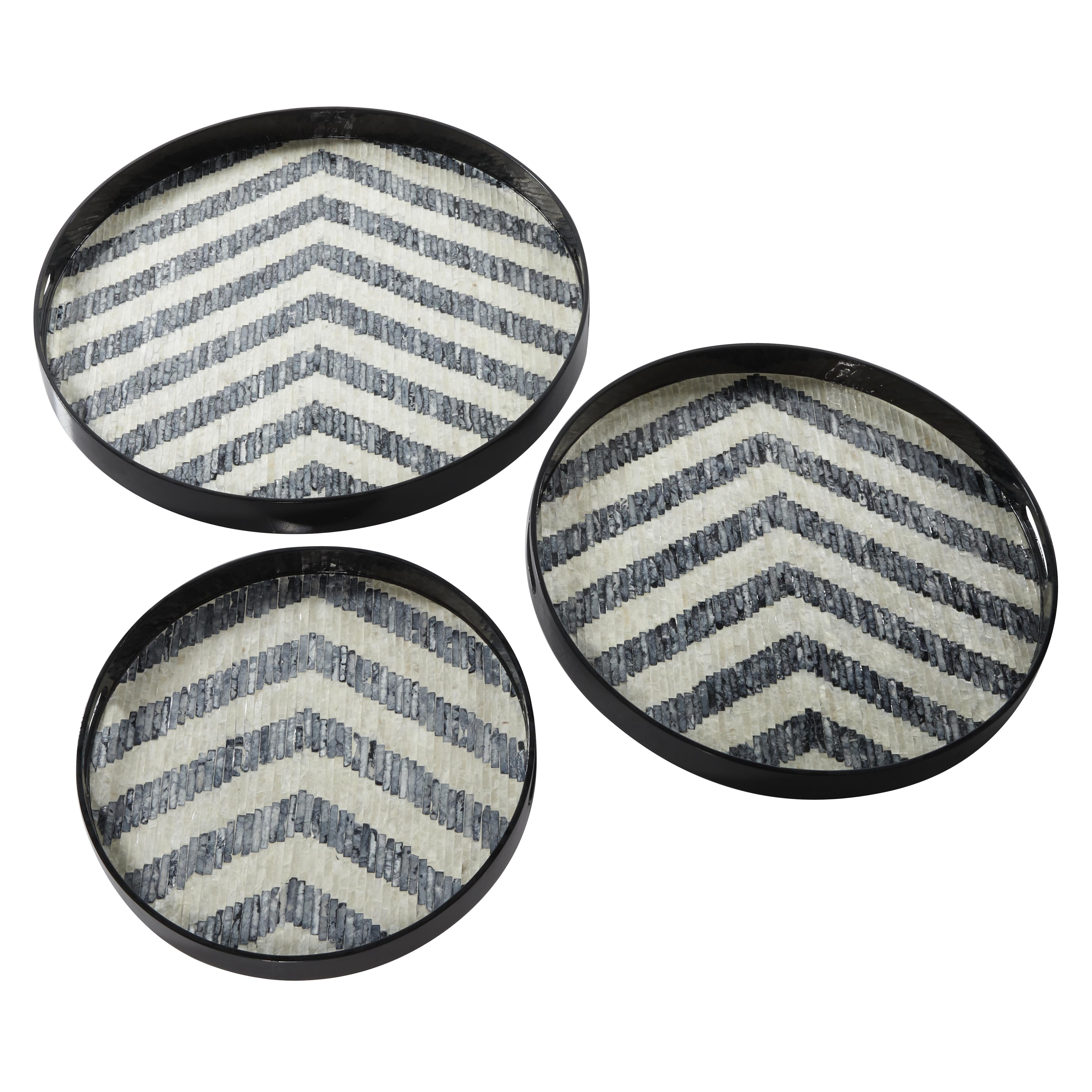 Set of 3 Mother of Pearl Shell Handmade Chevron Living Room Decor Tray with Slot Handles