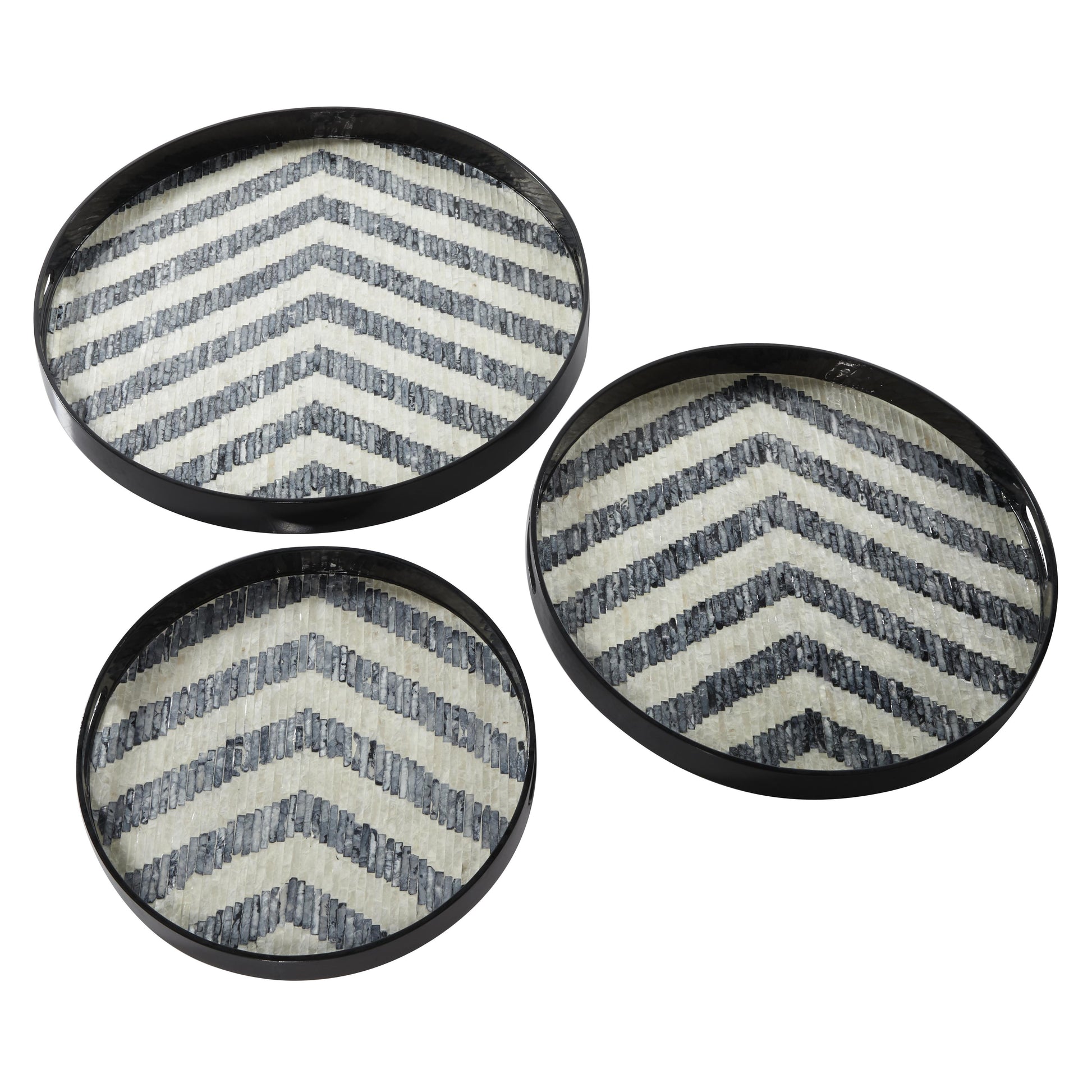 Set of 3 Mother of Pearl Shell Handmade Chevron Living Room Decor Tray with Slot Handles