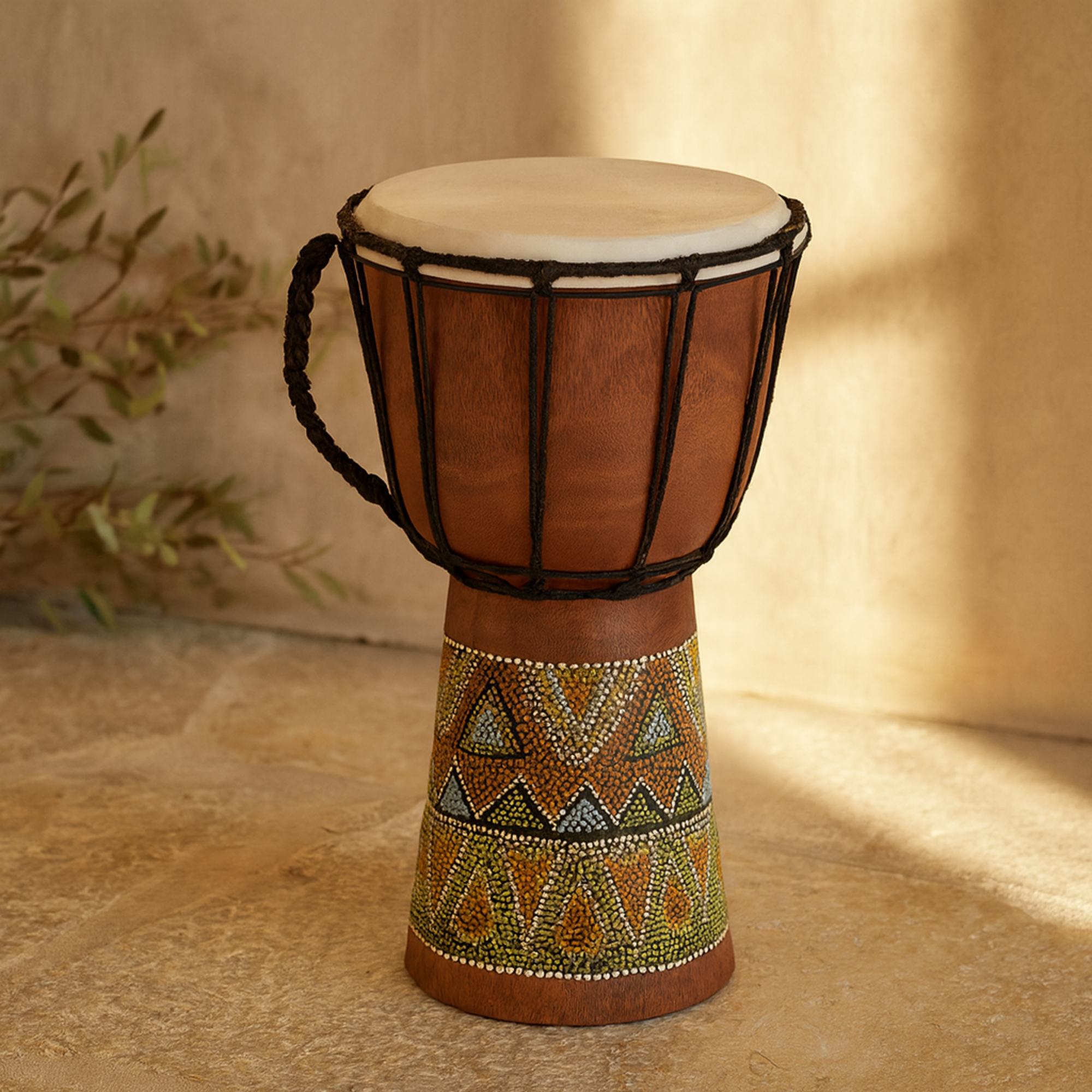 Drum Brown Wood Handmade Djembe Decorative Sculpture with Rope Accents